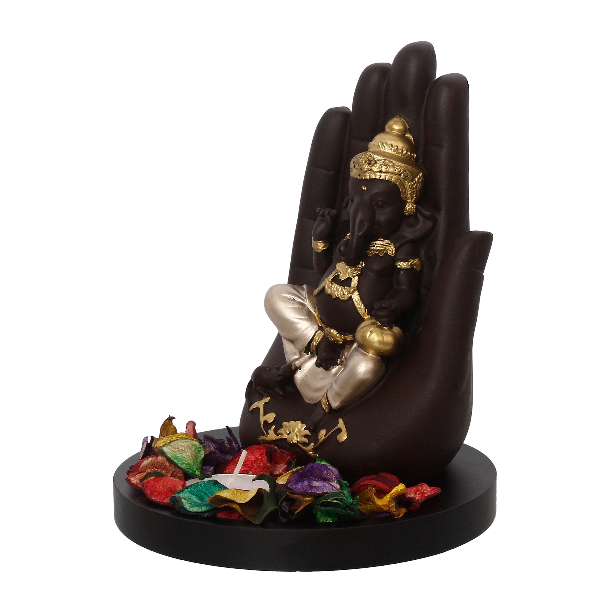 Golden and Black Handcrafted Palm Ganesha Idol on Wooden Base with Fragranced Petals Tealight Candle Holder 5