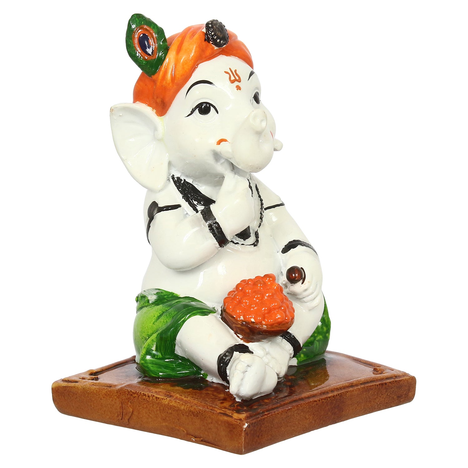 Decorative Polyresin Lord Ganesha Idol eating Ladoo in Lord Krishna Avatar (White, Orange, Green) 2