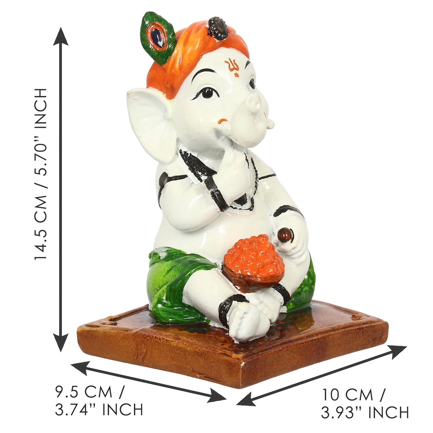 Decorative Polyresin Lord Ganesha Idol eating Ladoo in Lord Krishna Avatar (White, Orange, Green) 3