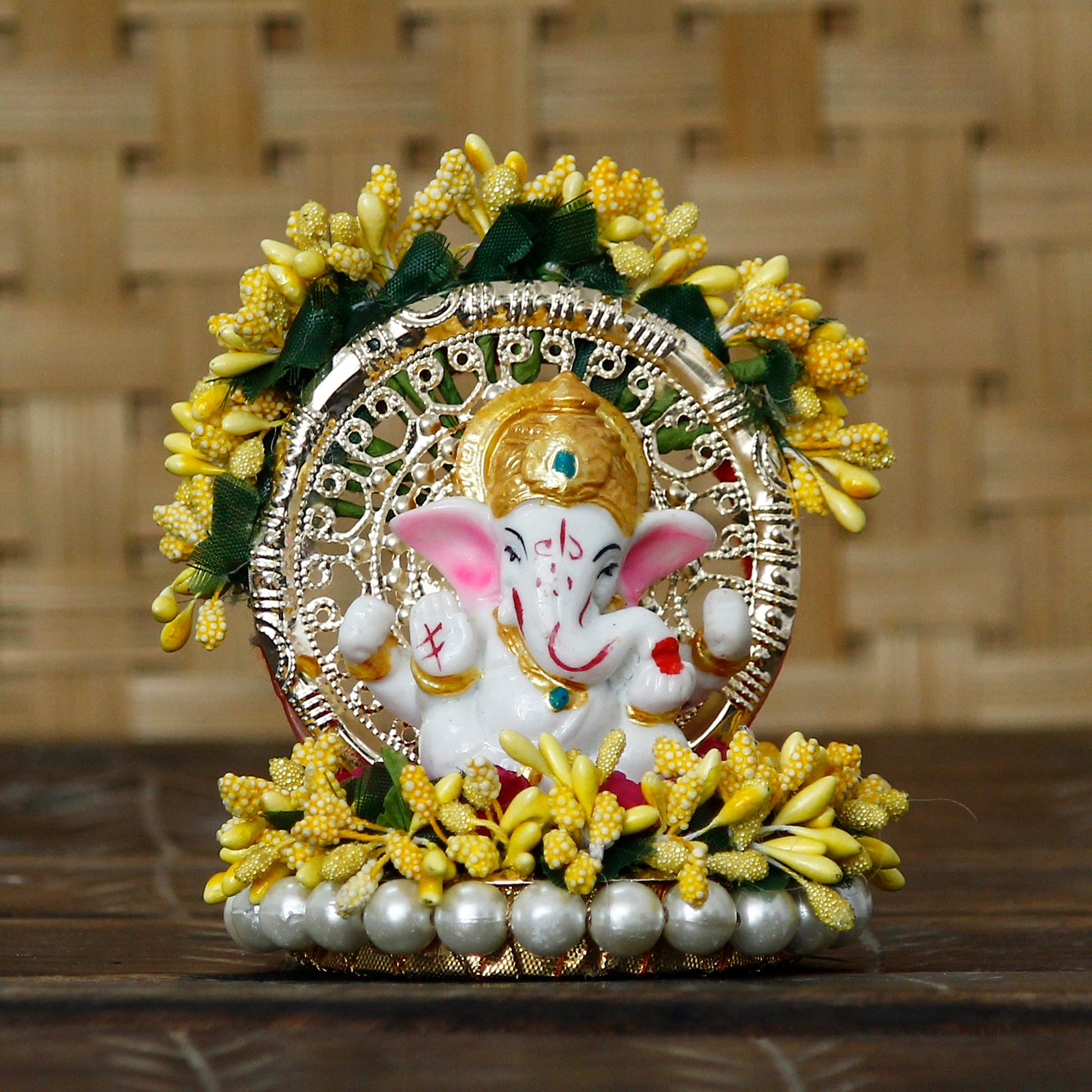 Polyresin Lord Ganesha Idol on Handcrafted Yellow Floral Plate for Home and Car Dashboard 1