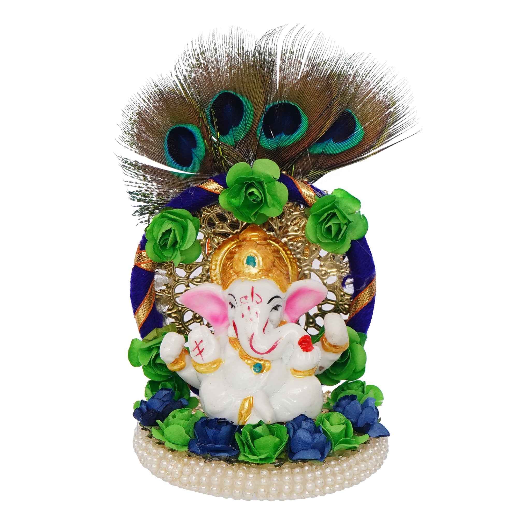 Polyresin Lord Ganesha Idol on Handcrafted Peacock Feather Floral Plate for Home and Car Dashboard 2