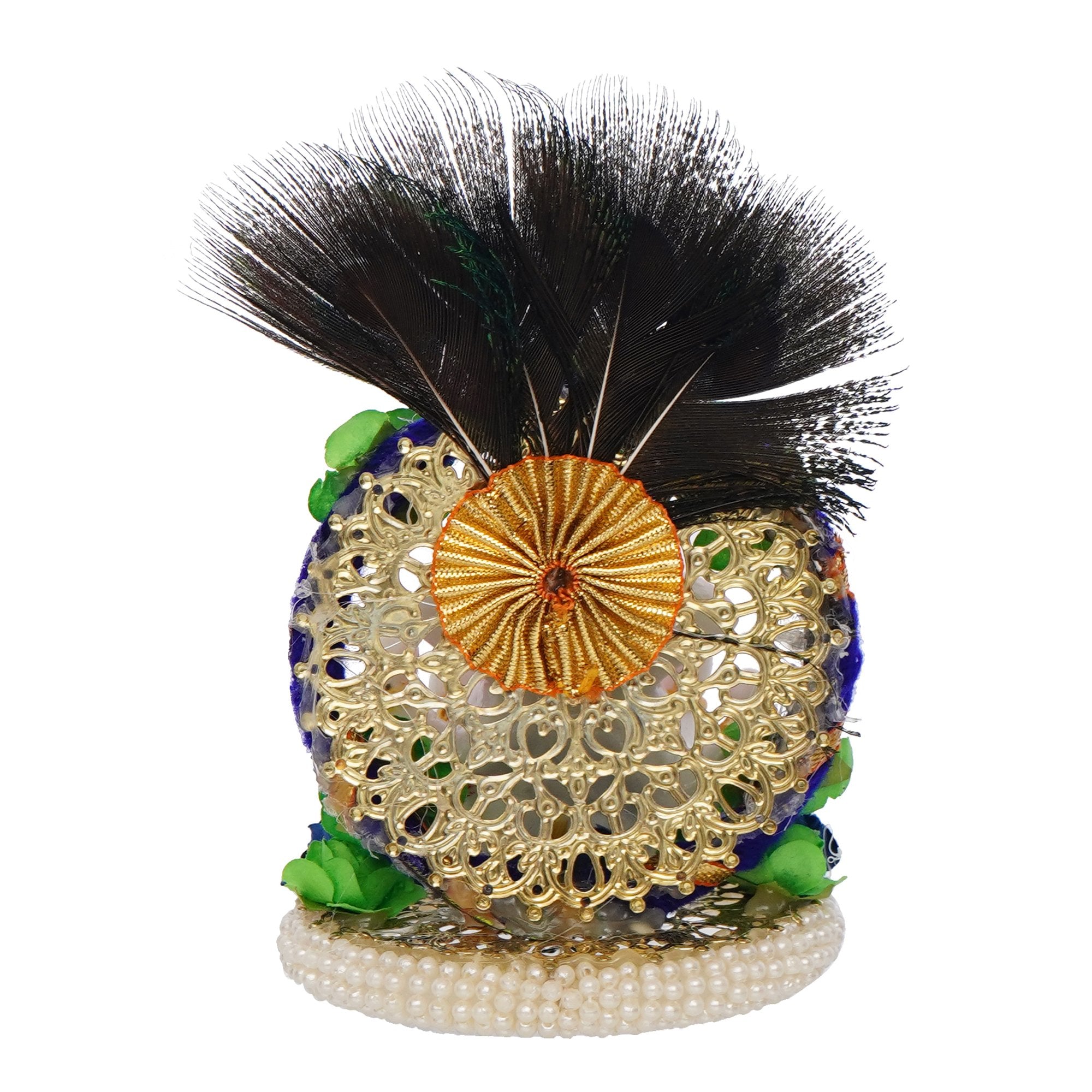Polyresin Lord Ganesha Idol on Handcrafted Peacock Feather Floral Plate for Home and Car Dashboard 6