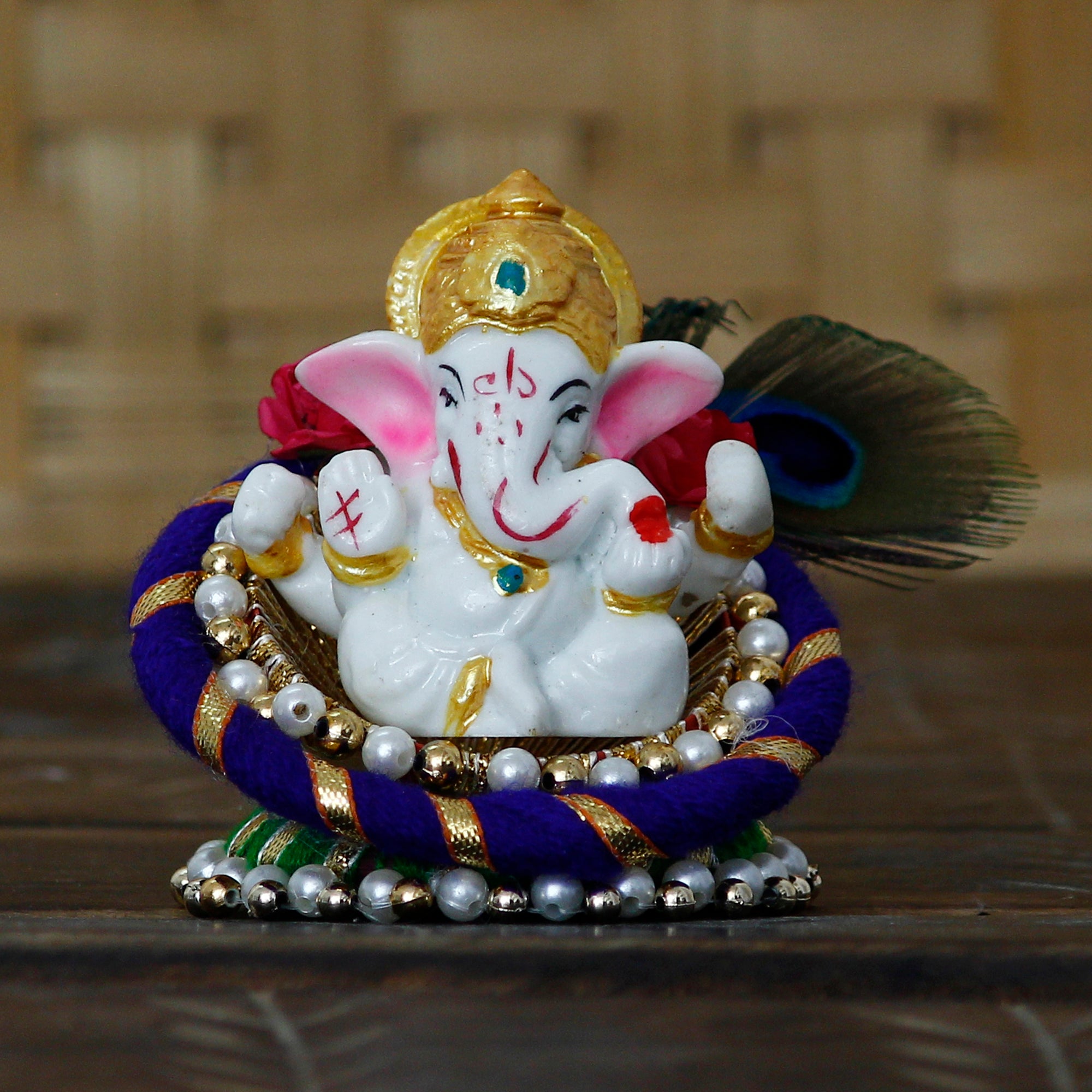 Polyresin Lord Ganesha Idol on Decorative Handcrafted Floral Plate for Home, Office and Car Dashboard 1
