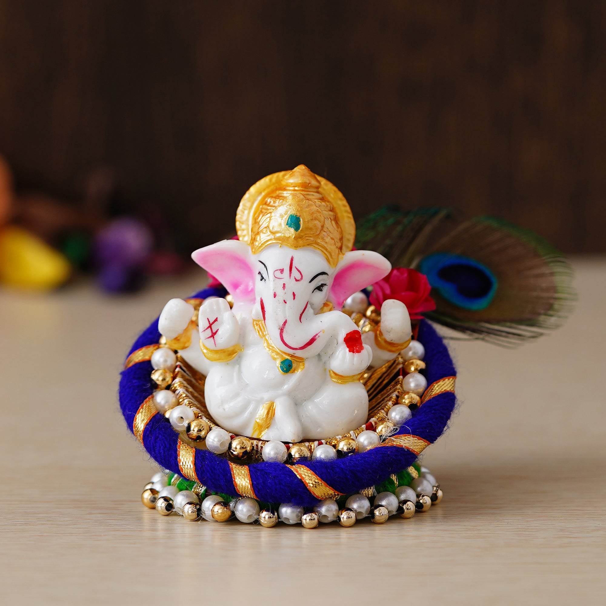 Polyresin Lord Ganesha Idol on Decorative Handcrafted Floral Plate for Home, Office and Car Dashboard