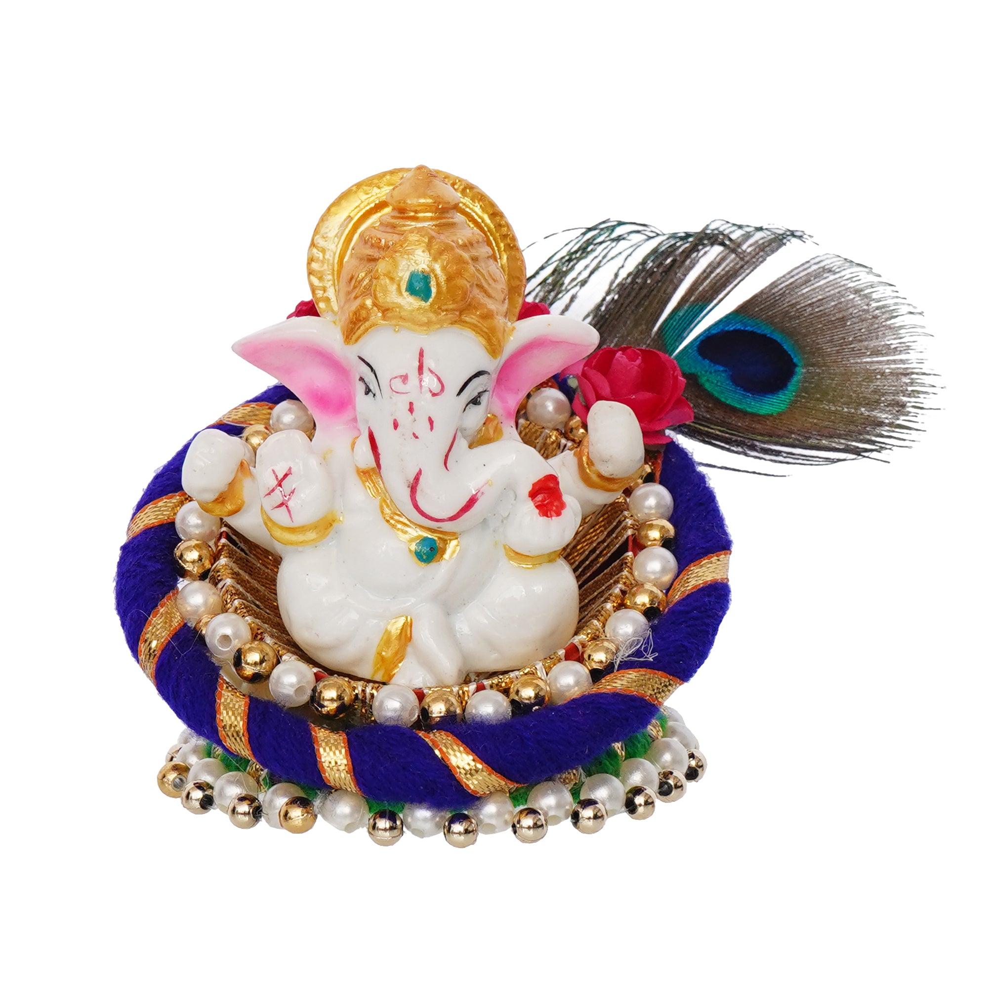 Polyresin Lord Ganesha Idol on Decorative Handcrafted Floral Plate for Home, Office and Car Dashboard 2