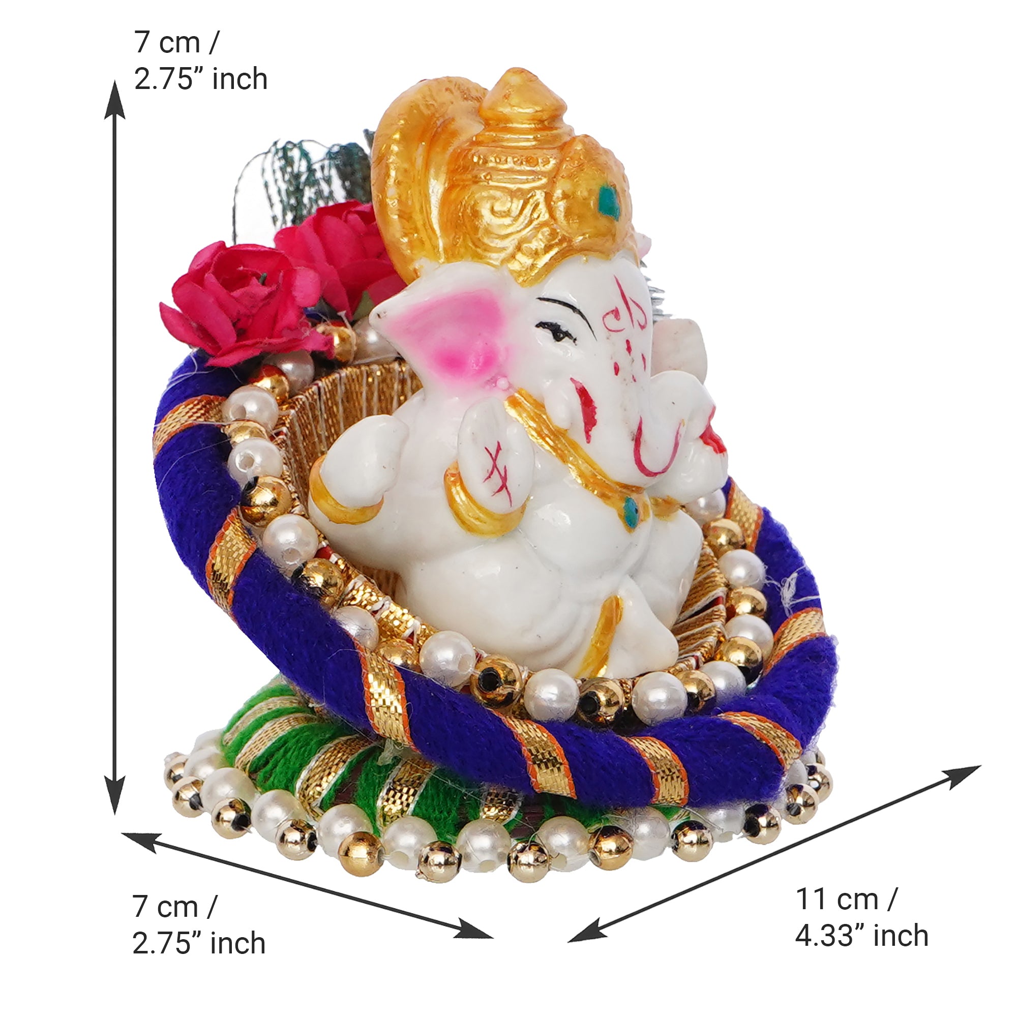 Polyresin Lord Ganesha Idol on Decorative Handcrafted Floral Plate for Home, Office and Car Dashboard 3