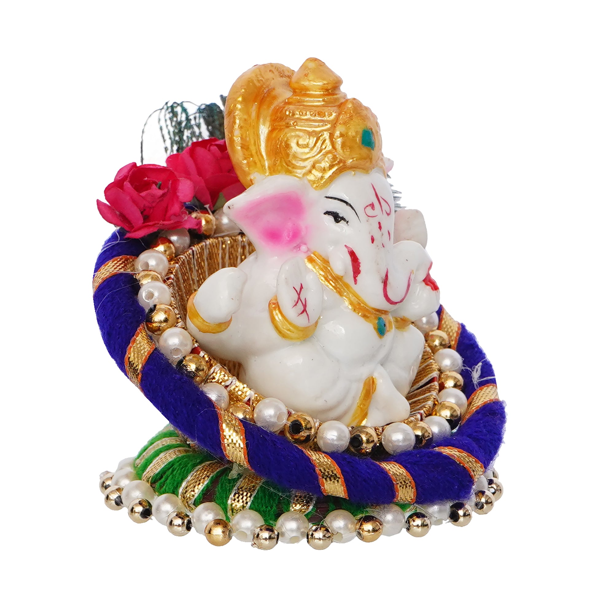 Polyresin Lord Ganesha Idol on Decorative Handcrafted Floral Plate for Home, Office and Car Dashboard 5