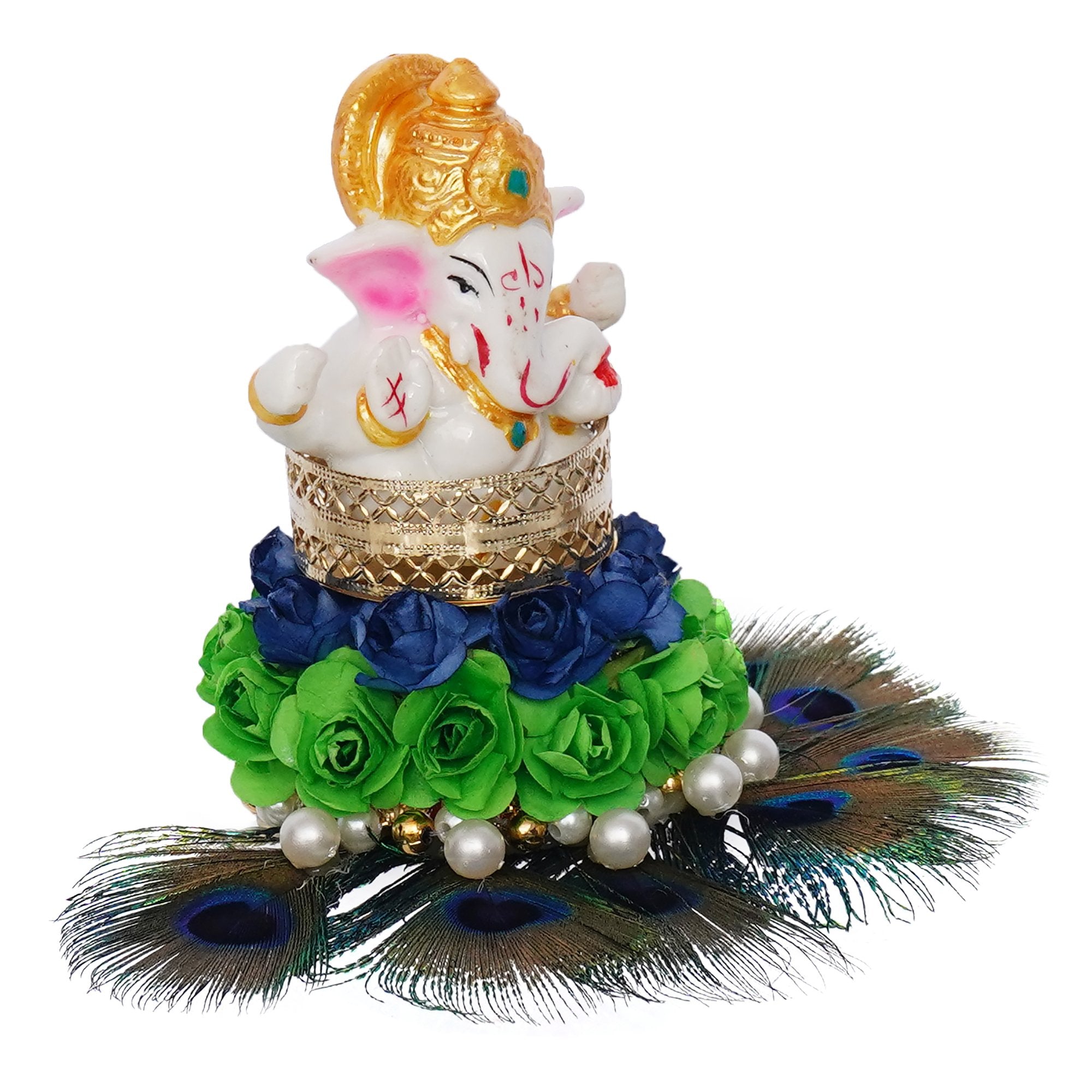Lord Ganesha Idol on Decorative Handcrafted Floral Plate with Peacock Feather for Home and Car