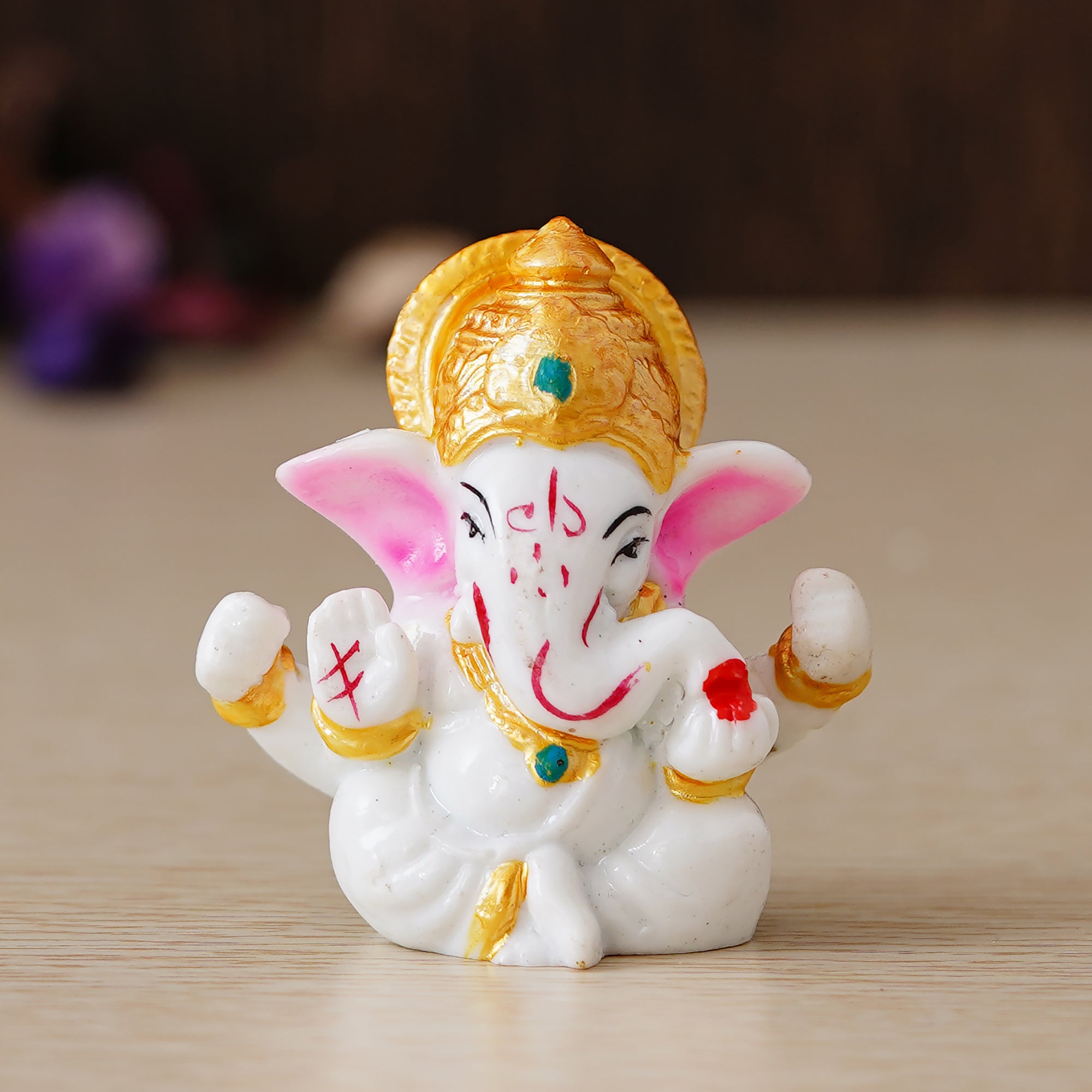 White Polyresin Lord Ganesha Idol with Golden Mukut
