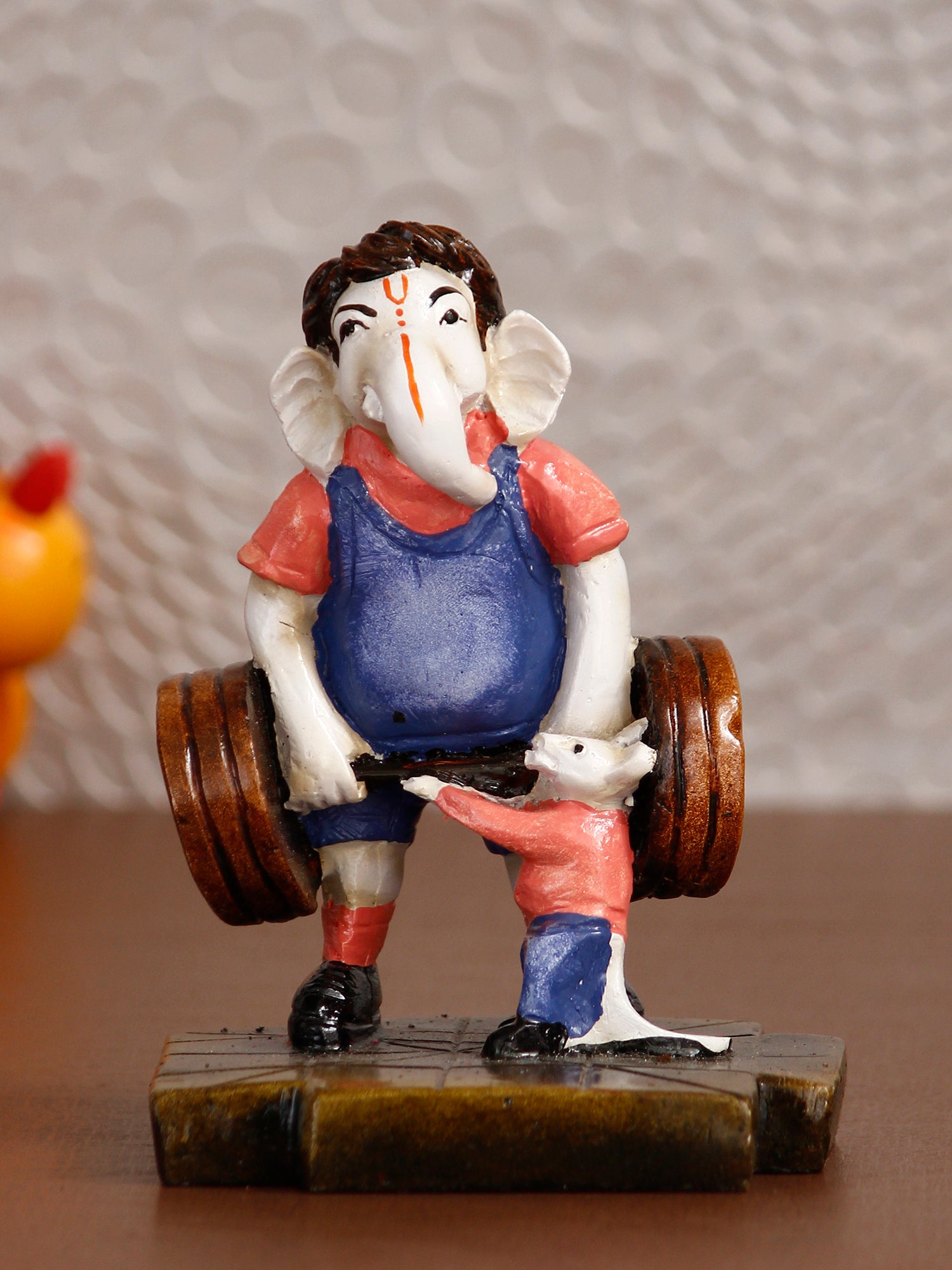 Blue and Brown Handcrafted Polyresin Lord Ganesha Idol Doing Weightlifting with Mushak 1