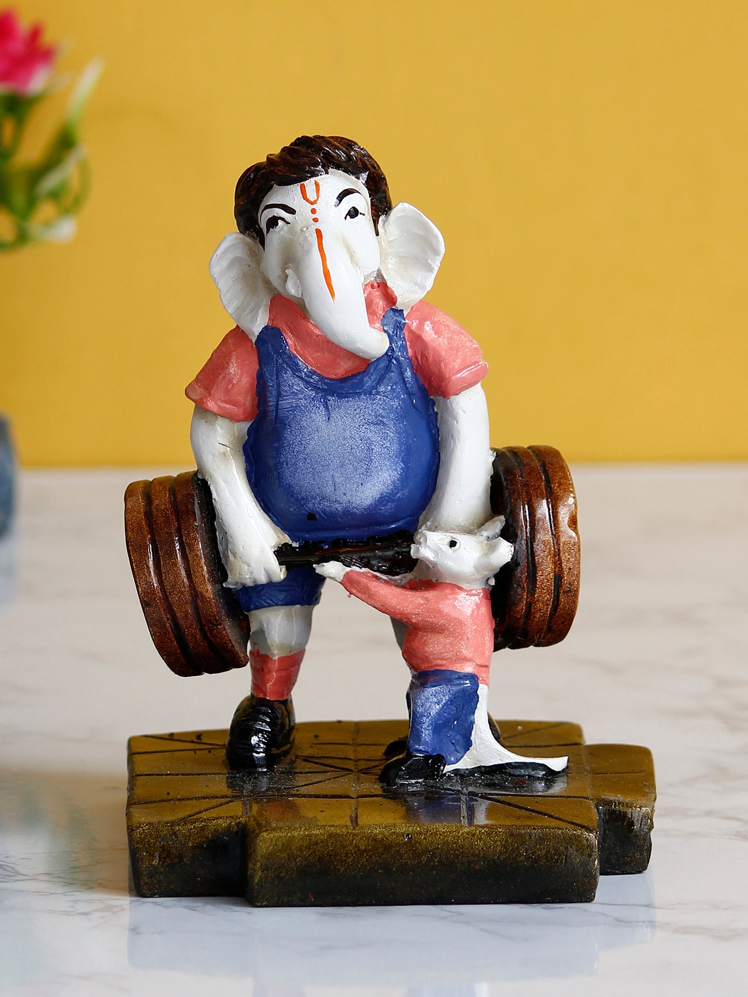 Blue and Brown Handcrafted Polyresin Lord Ganesha Idol Doing Weightlifting with Mushak