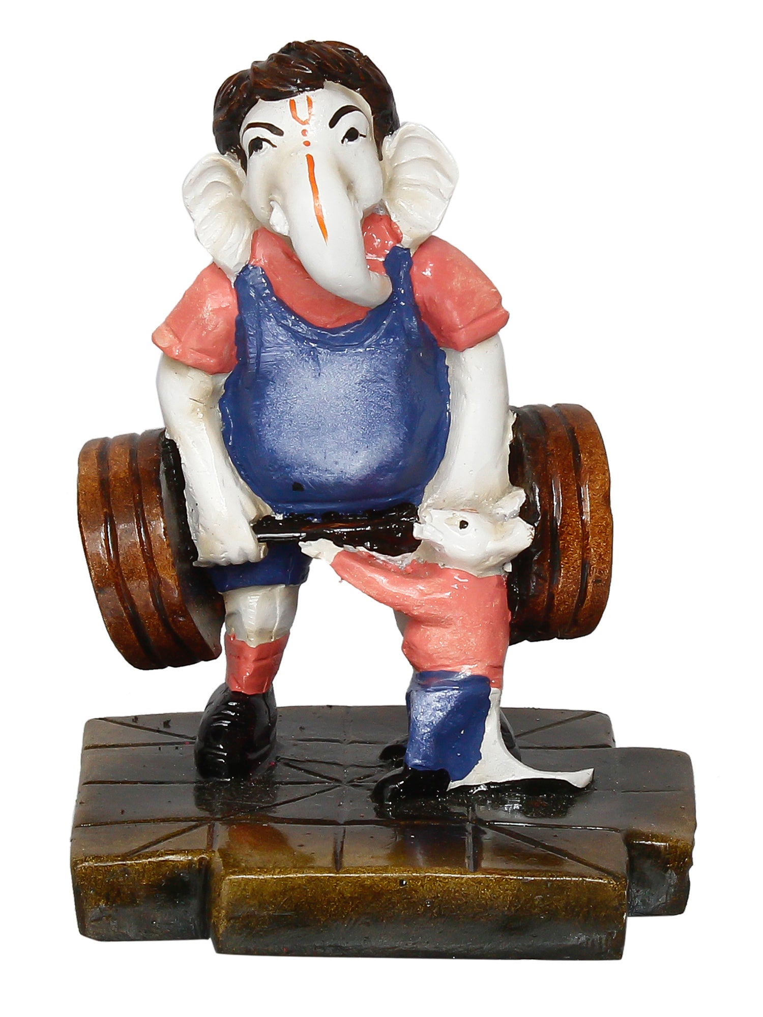 Blue and Brown Handcrafted Polyresin Lord Ganesha Idol Doing Weightlifting with Mushak 2