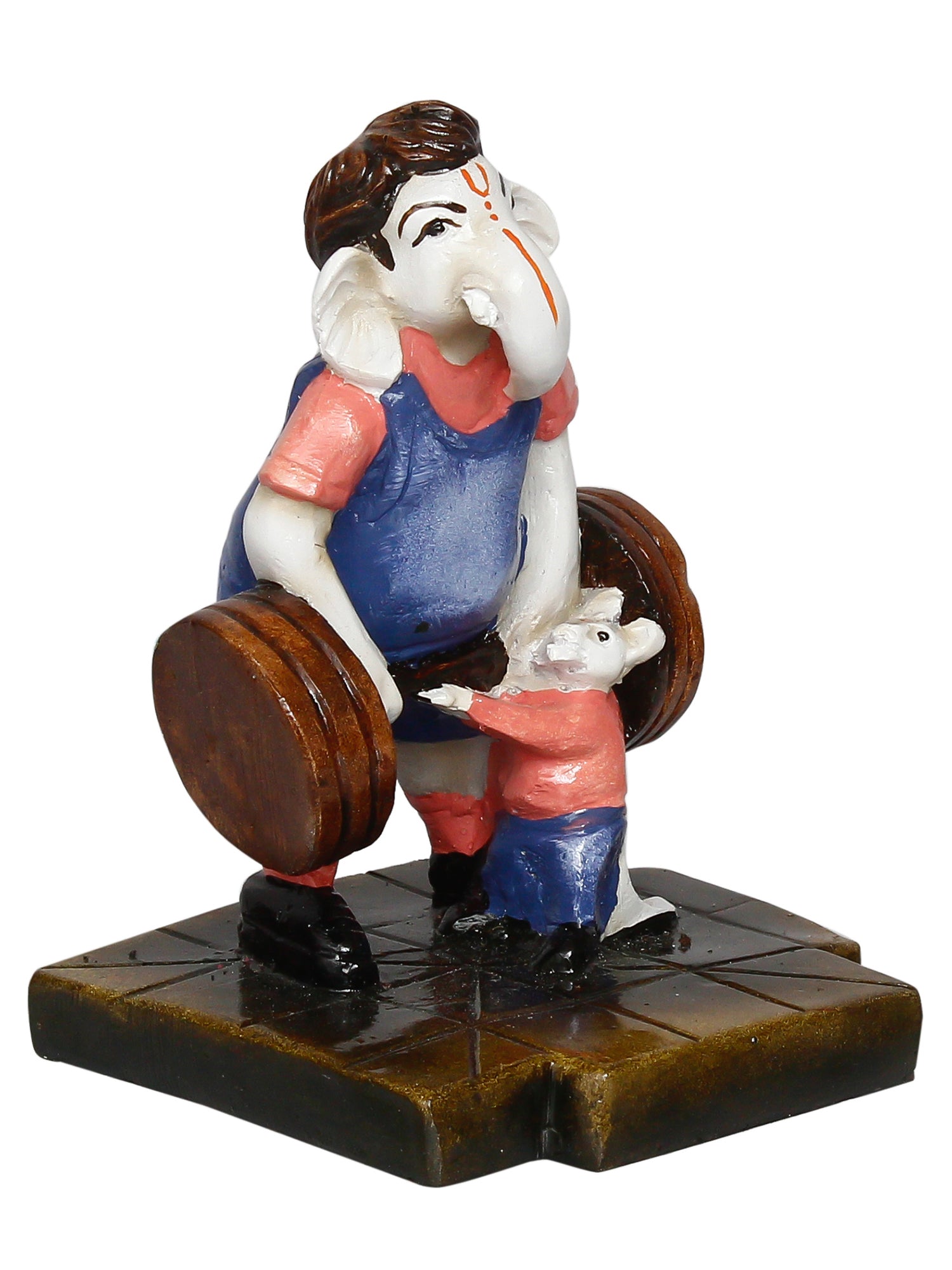 Blue and Brown Handcrafted Polyresin Lord Ganesha Idol Doing Weightlifting with Mushak 4