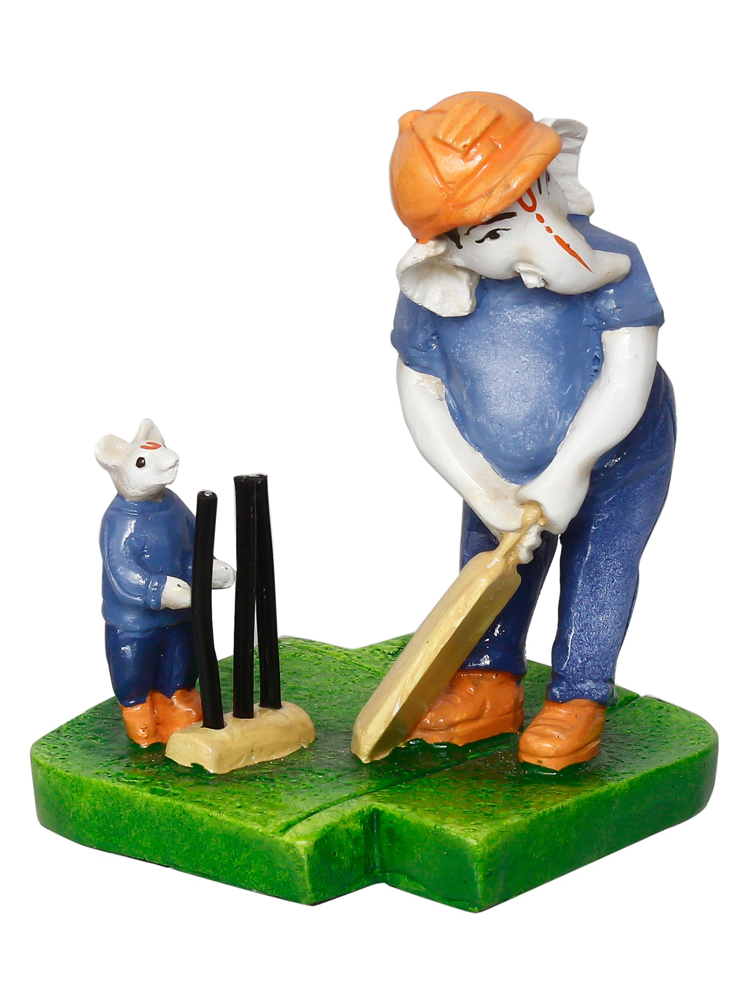 Multicolour Handcrafted Polyresin Lord Ganesha Playing Cricket with Mushak Idol 4