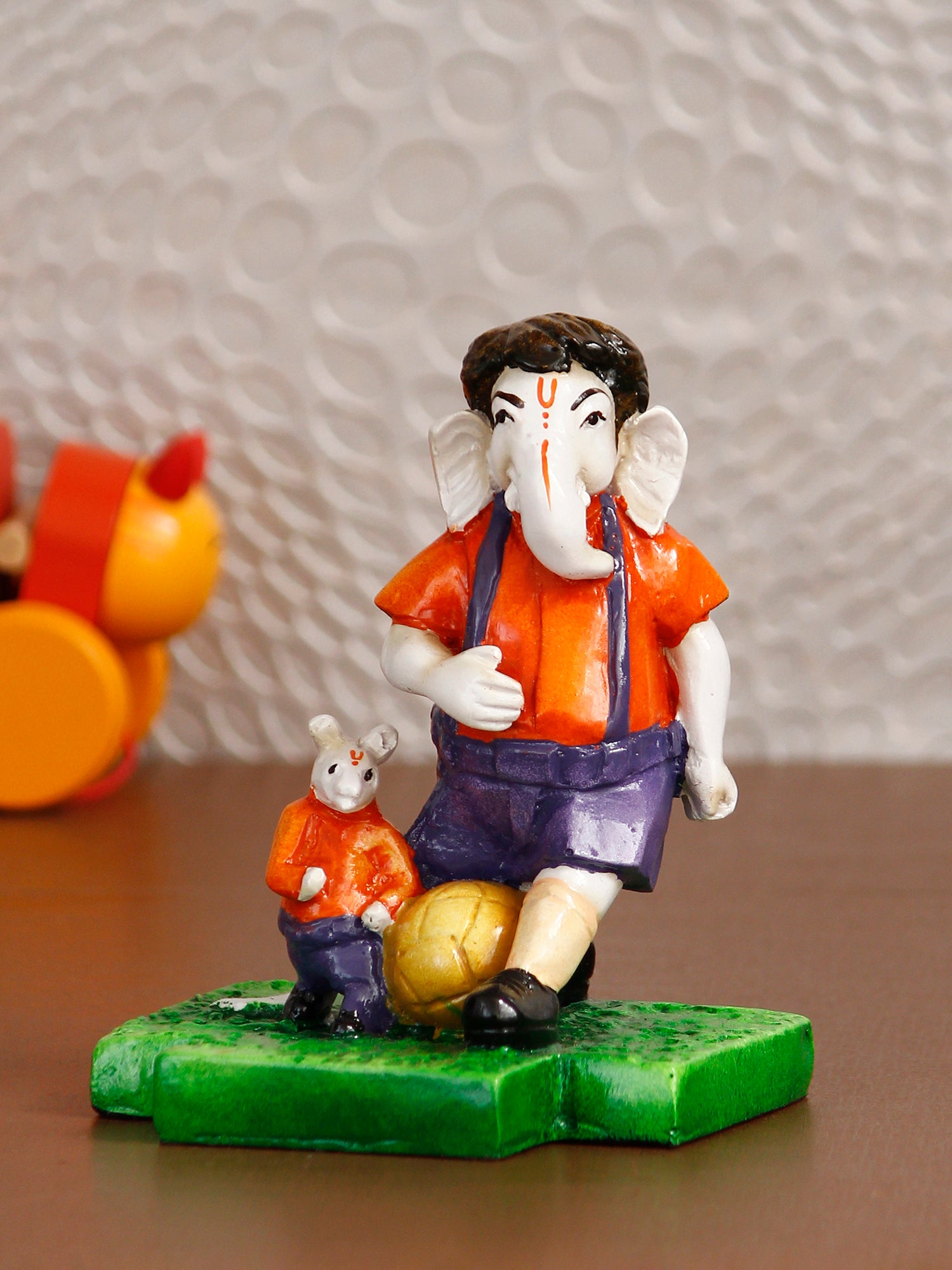 Multicolour Handcrafted Polyresin Lord Ganesha Playing Football with Mushak Idol 1