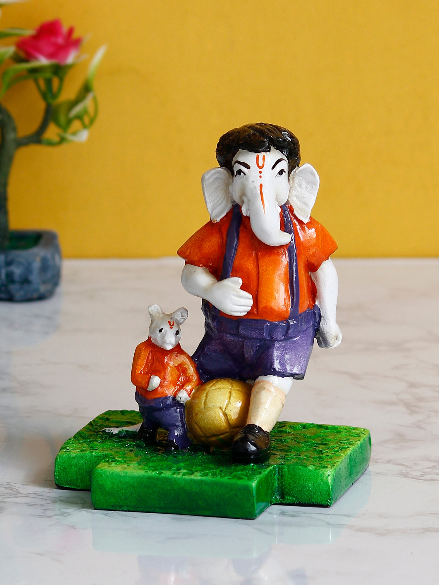 Multicolour Handcrafted Polyresin Lord Ganesha Playing Football with Mushak Idol