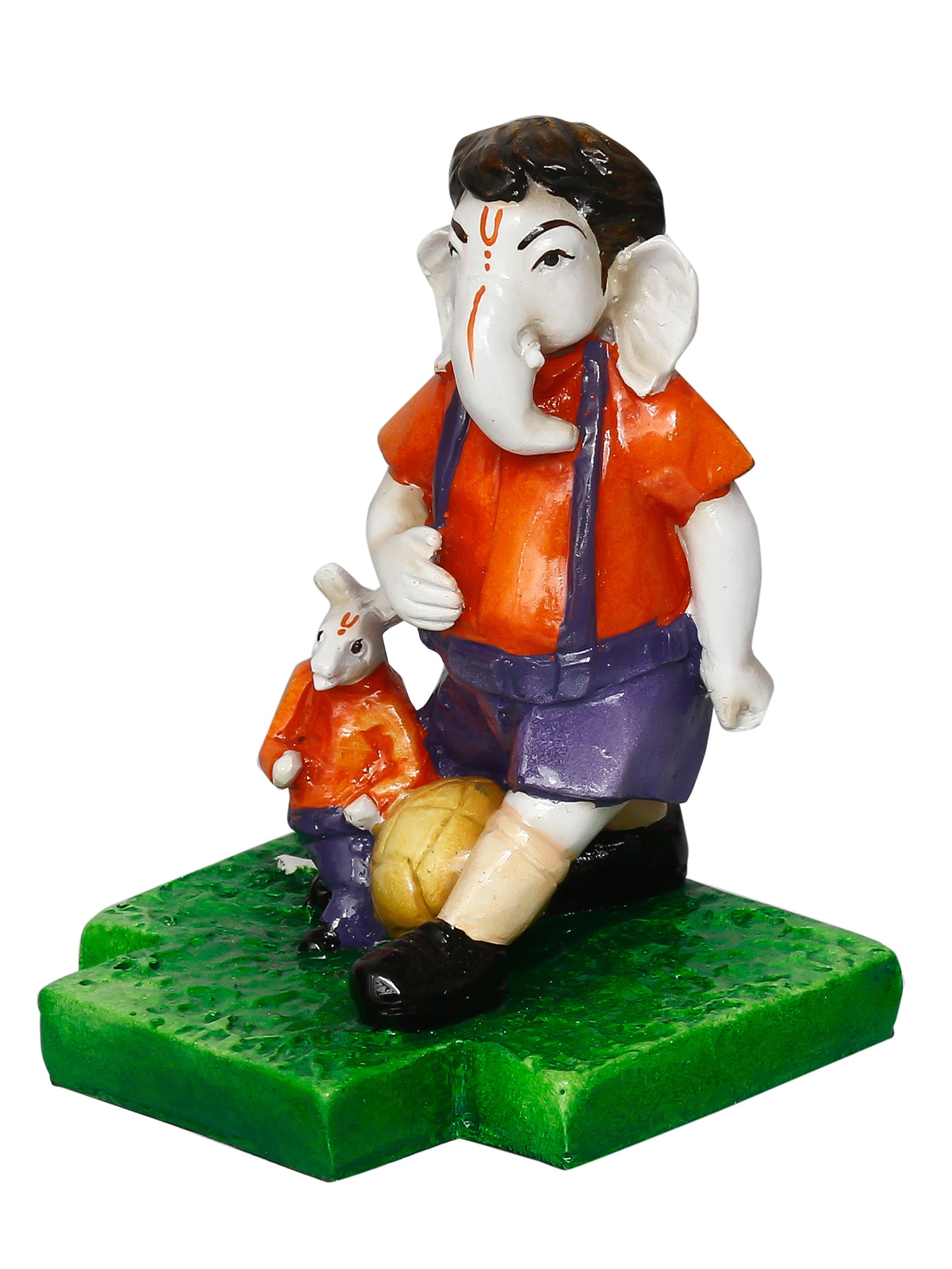 Multicolour Handcrafted Polyresin Lord Ganesha Playing Football with Mushak Idol 4