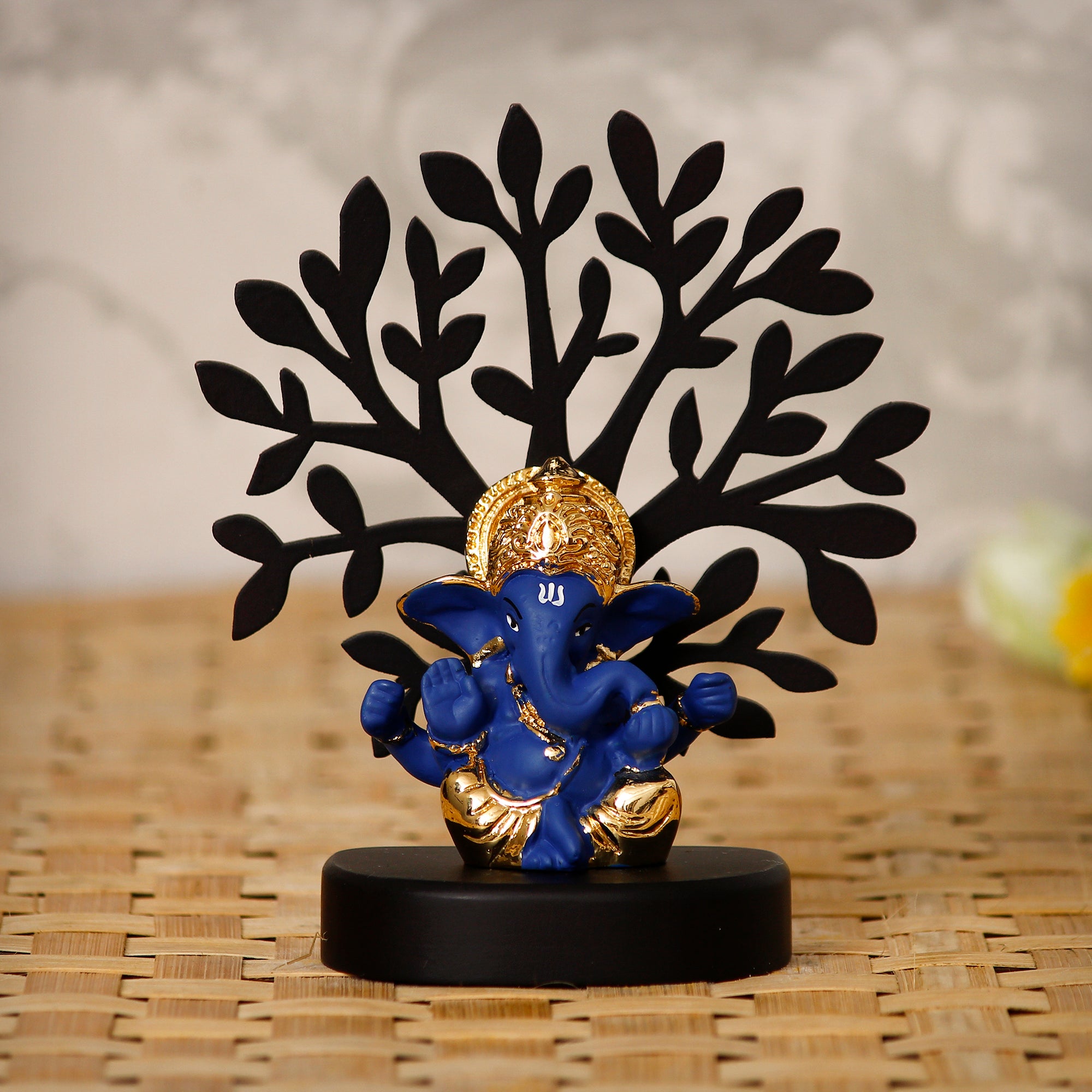 Gold Plated Blue Polyresin Ganesha Murti with Wooden Tree for Home, Temple, Office and Car Dashboard