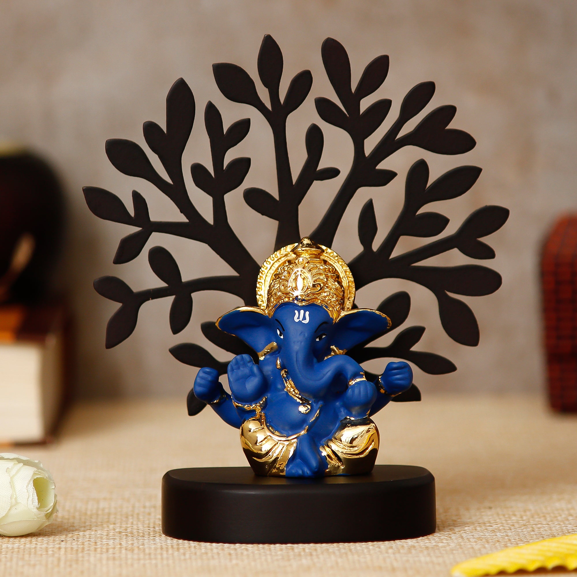 Gold Plated Blue Polyresin Ganesha Murti with Wooden Tree for Home, Temple, Office and Car Dashboard 1