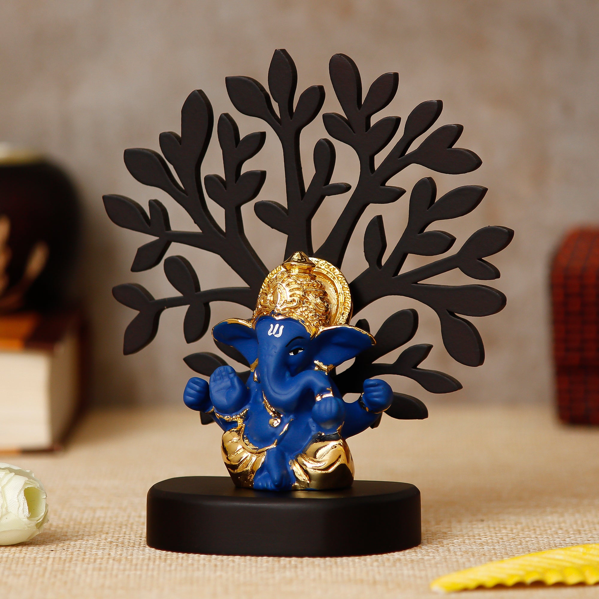 Gold Plated Blue Polyresin Ganesha Murti with Wooden Tree for Home, Temple, Office and Car Dashboard 2