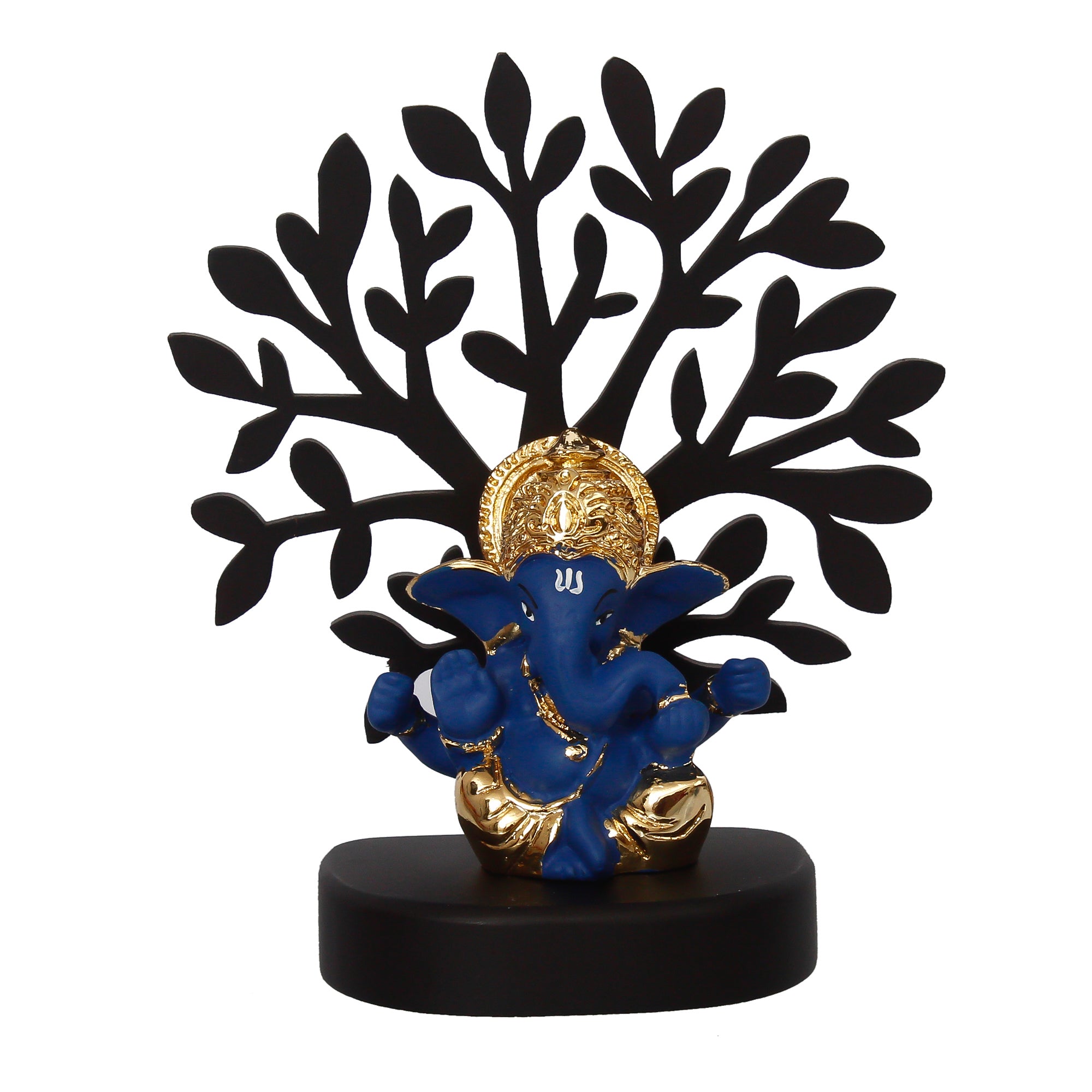 Gold Plated Blue Polyresin Ganesha Murti with Wooden Tree for Home, Temple, Office and Car Dashboard 3