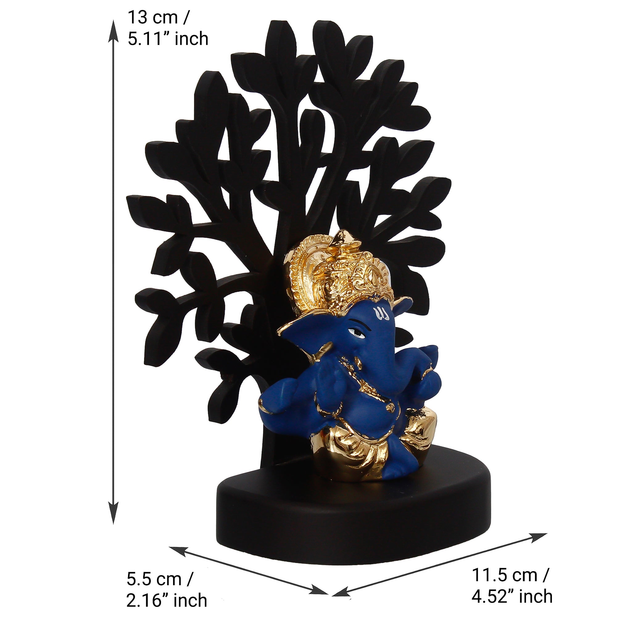 Gold Plated Blue Polyresin Ganesha Murti with Wooden Tree for Home, Temple, Office and Car Dashboard 4
