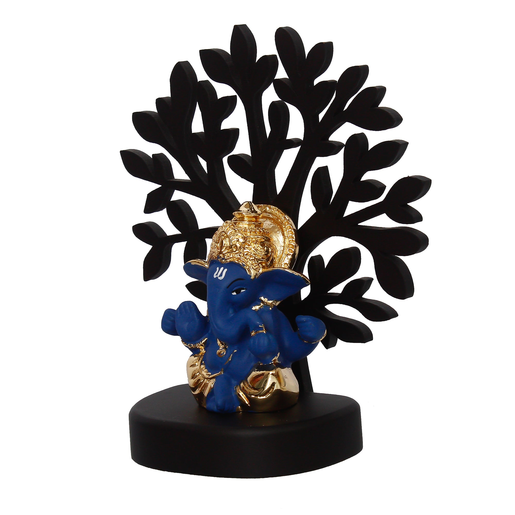 Gold Plated Blue Polyresin Ganesha Murti with Wooden Tree for Home, Temple, Office and Car Dashboard 5