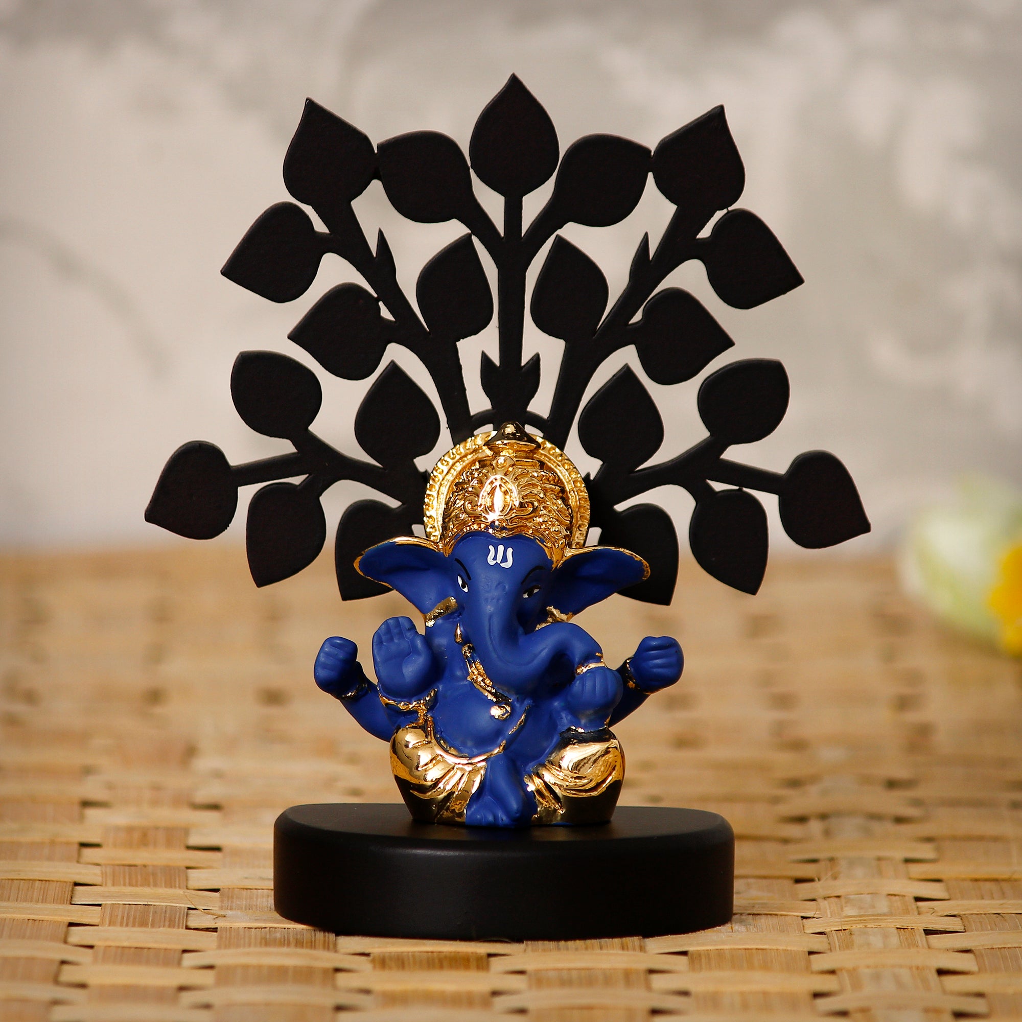 Gold Plated Blue Polyresin Ganesha Idol with Wooden Tree for Home, Temple, Office and Car Dashboard