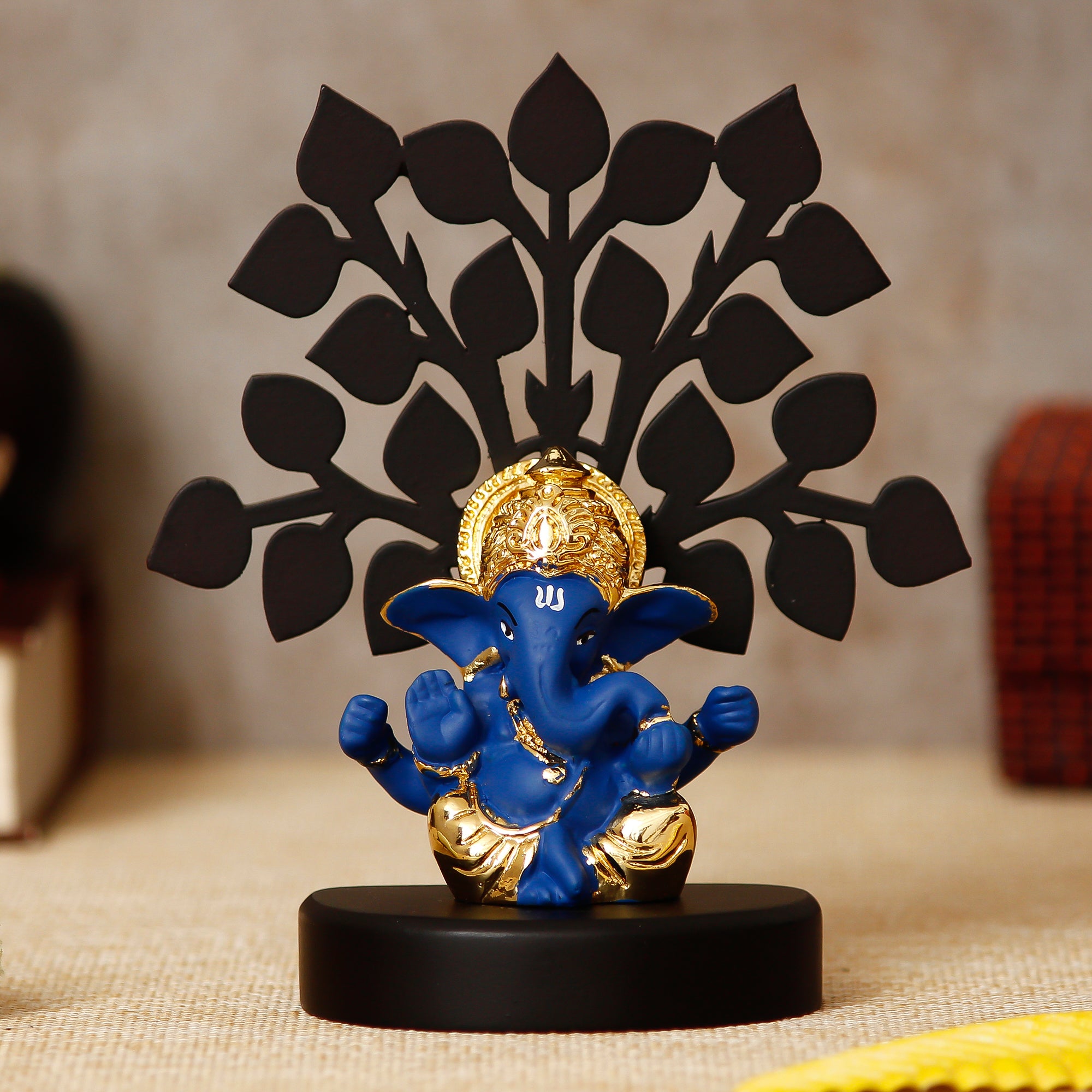 Gold Plated Blue Polyresin Ganesha Idol with Wooden Tree for Home, Temple, Office and Car Dashboard 1