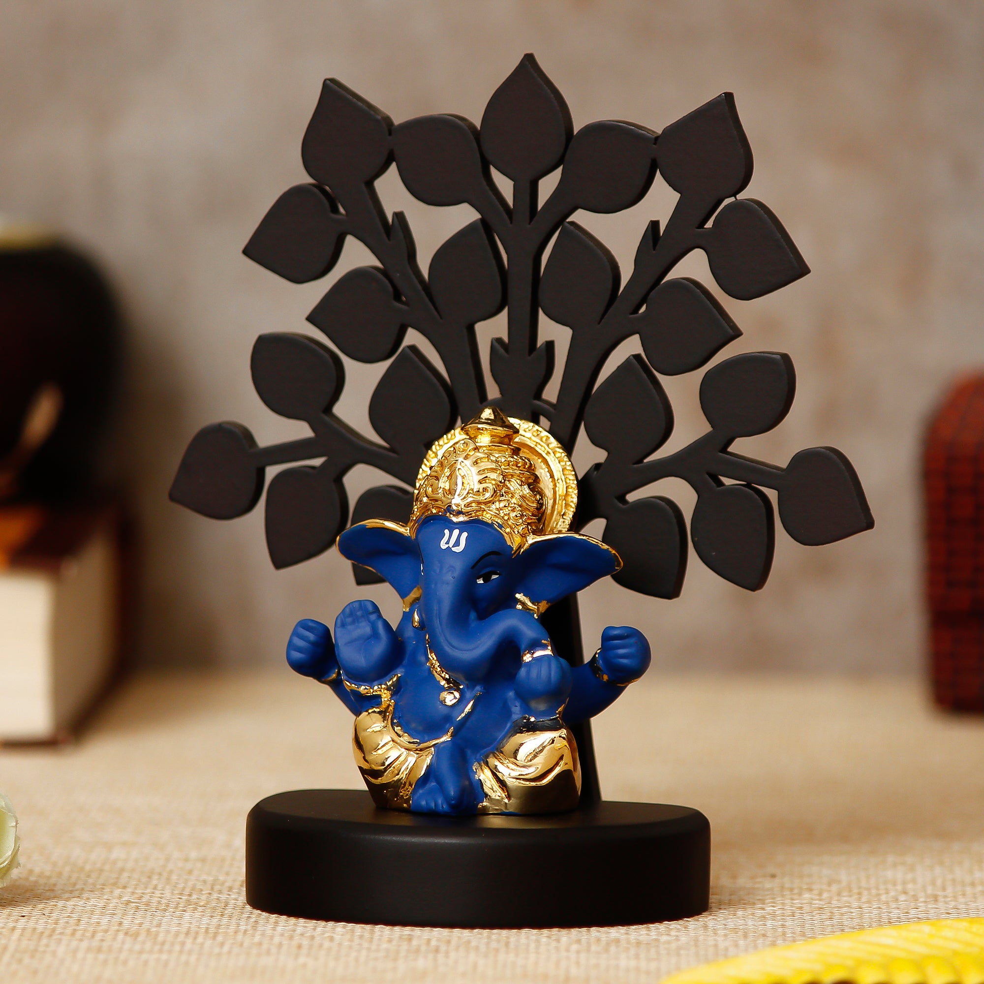Gold Plated Blue Polyresin Ganesha Idol with Wooden Tree for Home, Temple, Office and Car Dashboard 2
