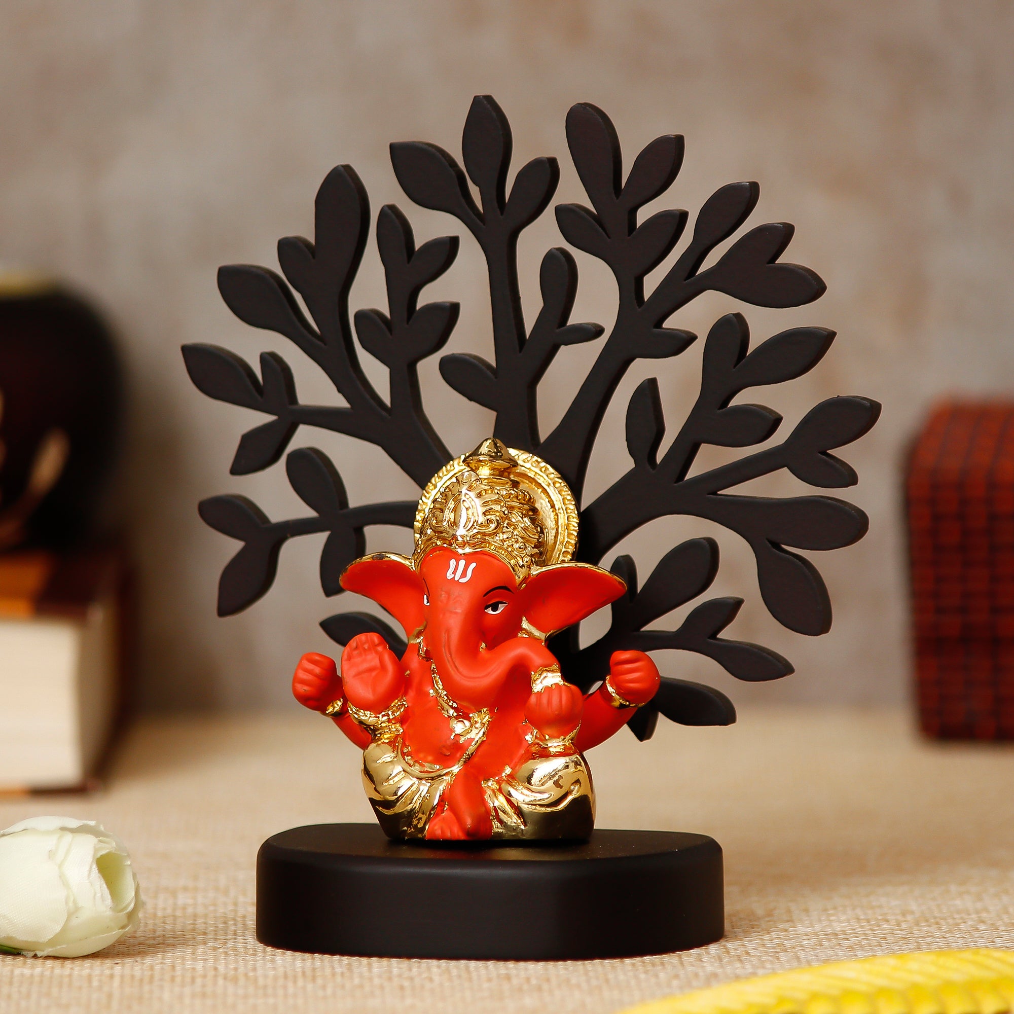 Gold Plated Orange Polyresin Ganesha Idol with Wooden Tree for Home, Temple, Office and Car Dashboard 2