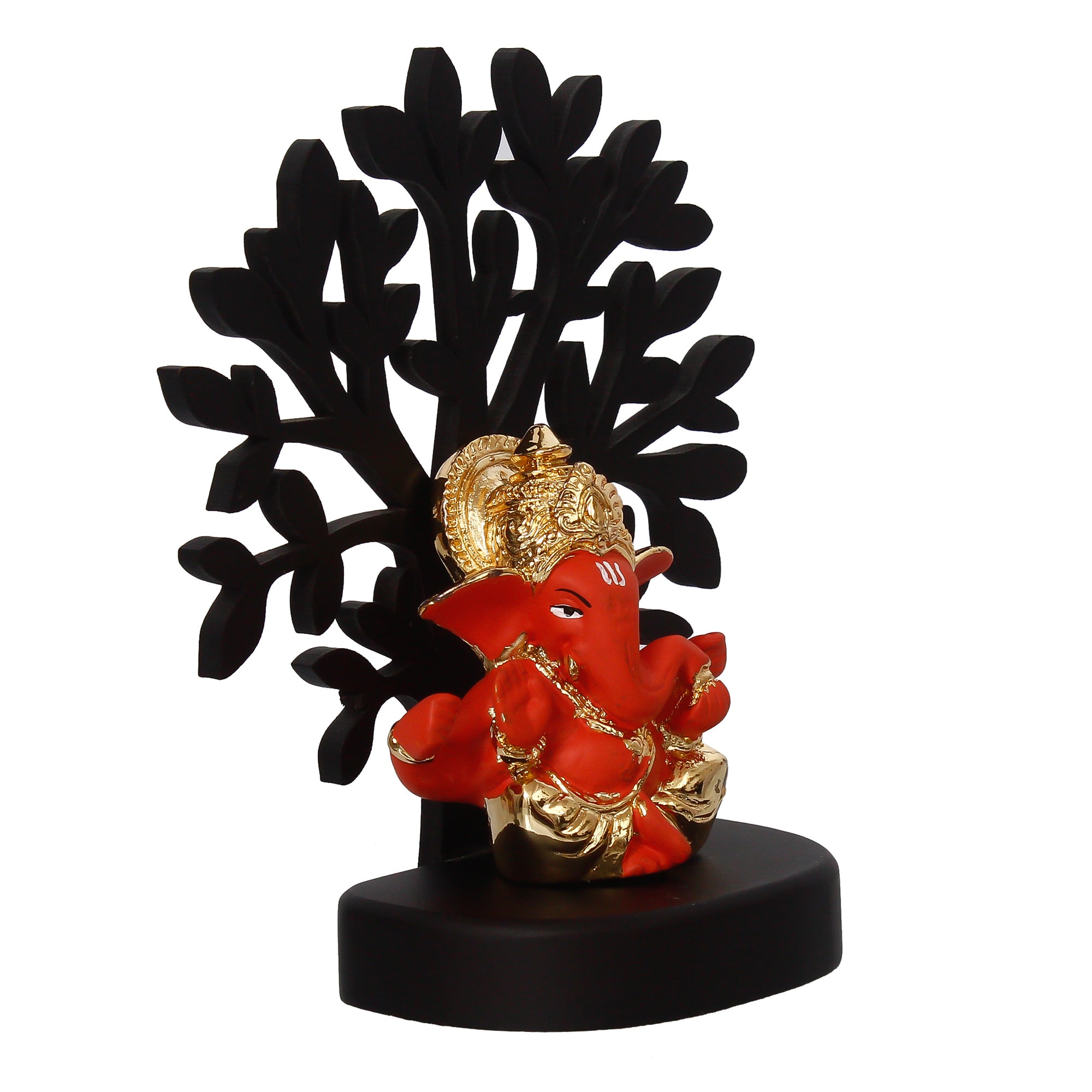 Gold Plated Orange Polyresin Ganesha Idol with Wooden Tree for Home, Temple, Office and Car Dashboard 5