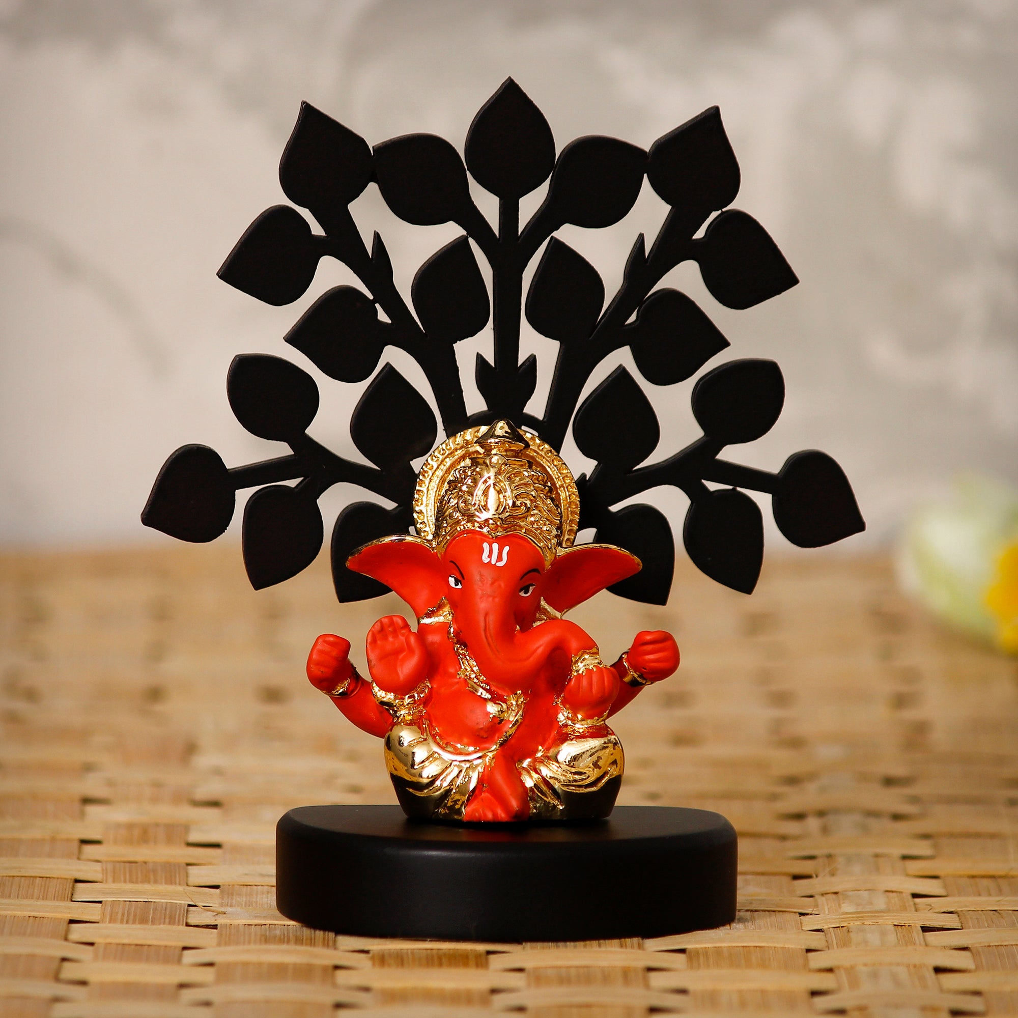 Gold Plated Orange Polyresin Ganesha Idol/Murti with Wooden Tree for Home, Temple, Office and Car Dashboard