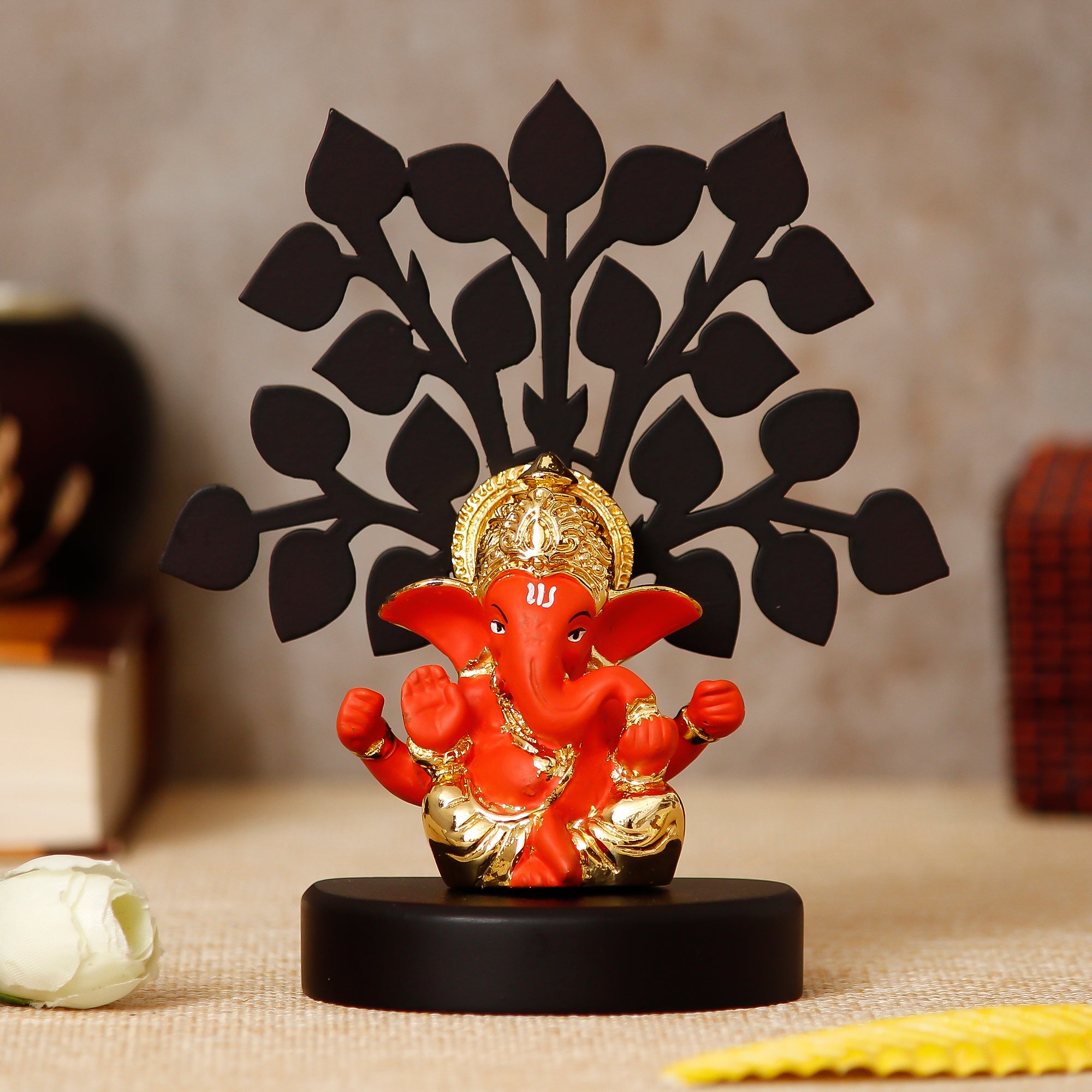 Gold Plated Orange Polyresin Ganesha Idol/Murti with Wooden Tree for Home, Temple, Office and Car Dashboard 1