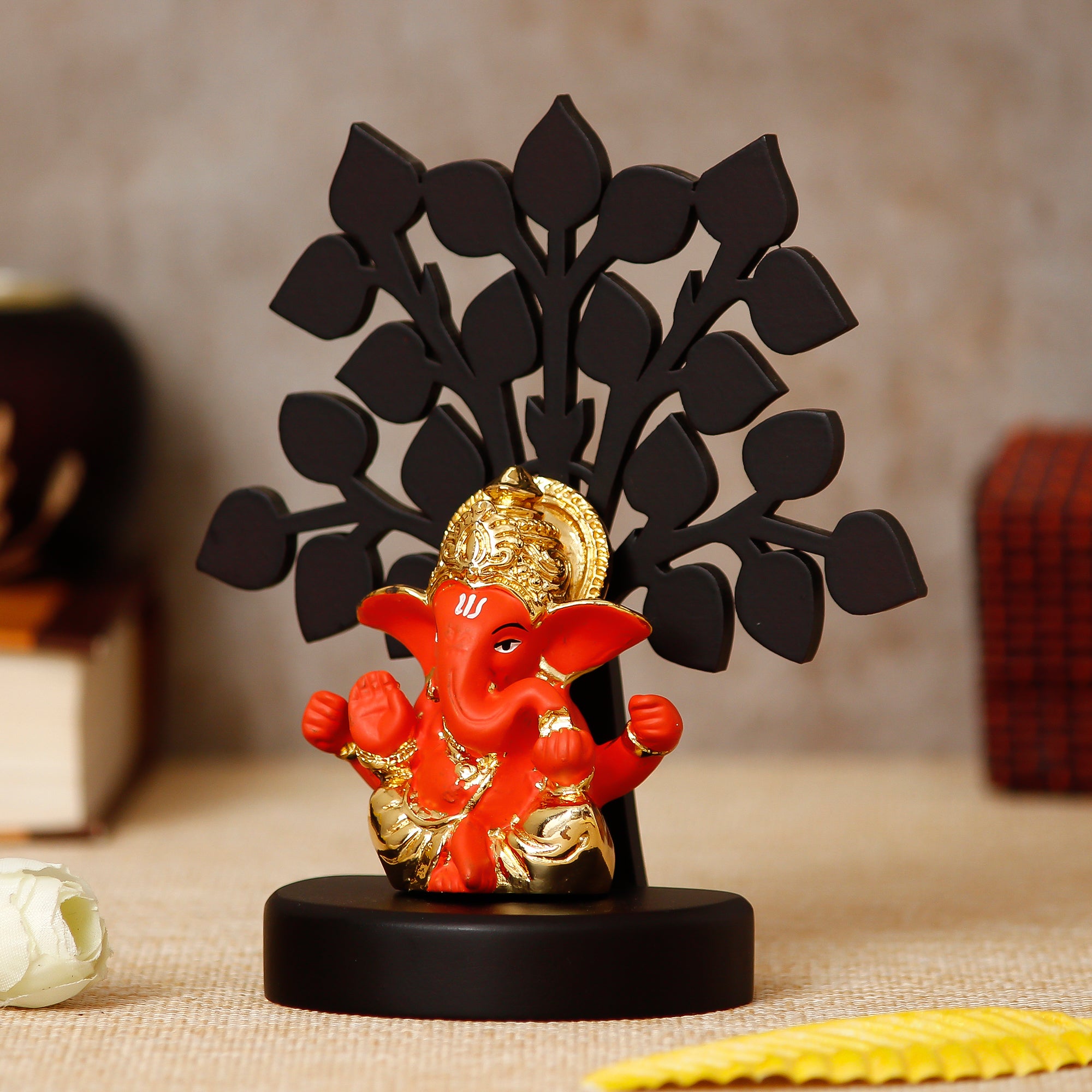 Gold Plated Orange Polyresin Ganesha Idol/Murti with Wooden Tree for Home, Temple, Office and Car Dashboard 2