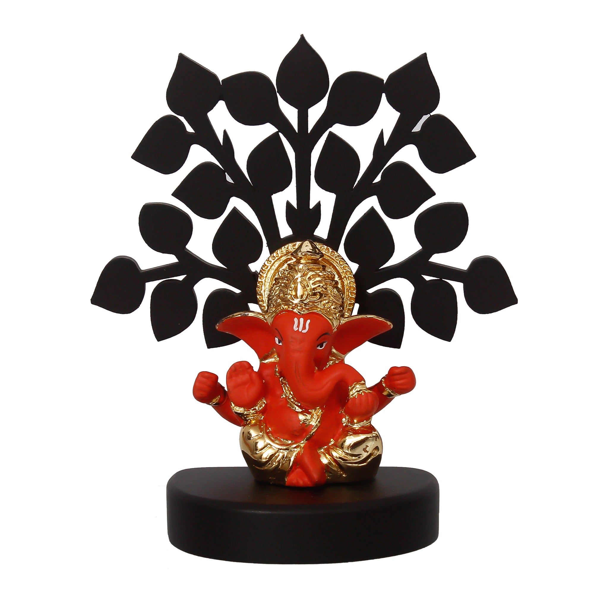 Gold Plated Orange Polyresin Ganesha Idol/Murti with Wooden Tree for Home, Temple, Office and Car Dashboard 3
