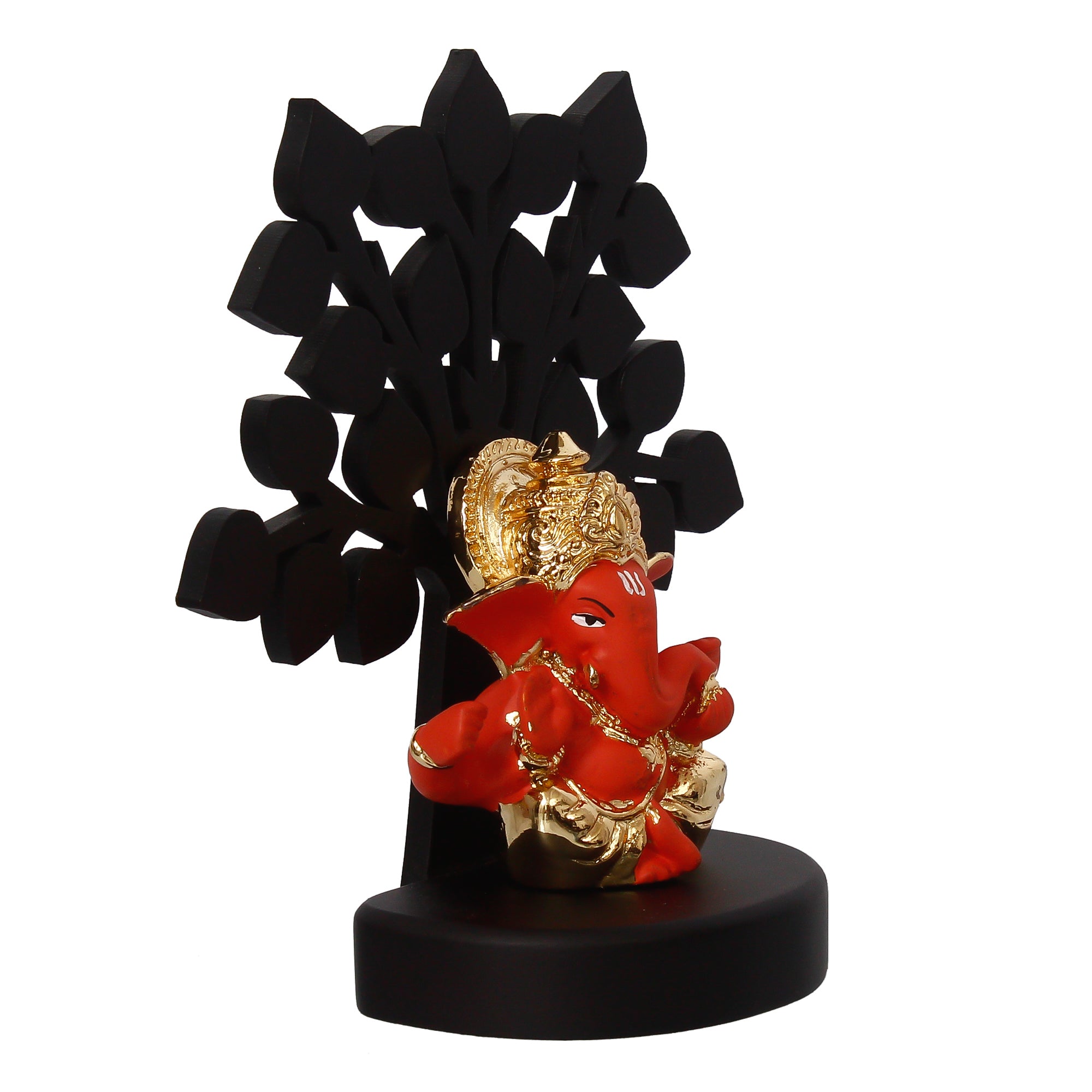 Gold Plated Orange Polyresin Ganesha Idol/Murti with Wooden Tree for Home, Temple, Office and Car Dashboard 5