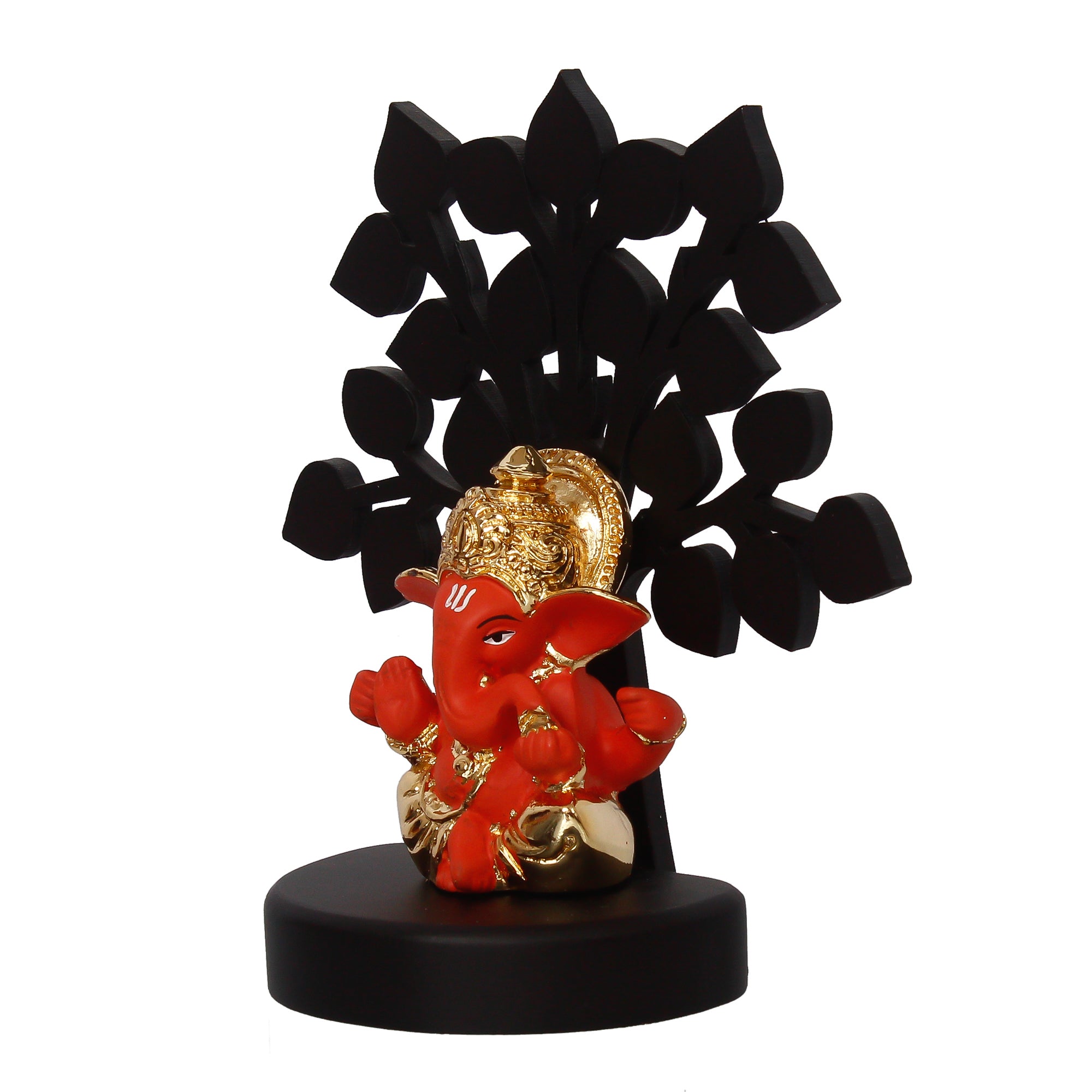 Gold Plated Orange Polyresin Ganesha Idol/Murti with Wooden Tree for Home, Temple, Office and Car Dashboard 6