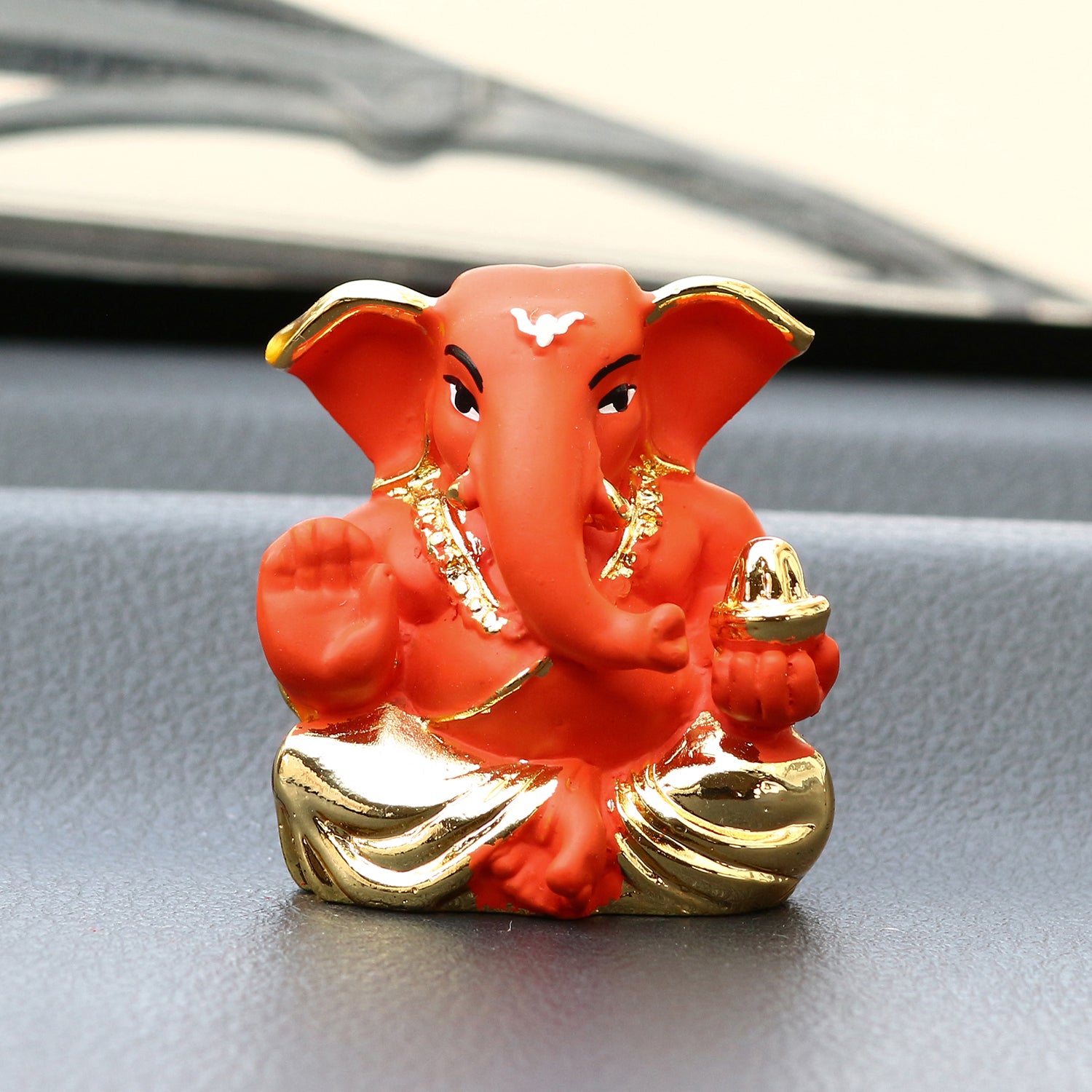 Gold Plated Orange Polyresin Appu Ganesha Idol for Home, Temple, Office and Car Dashboard 1