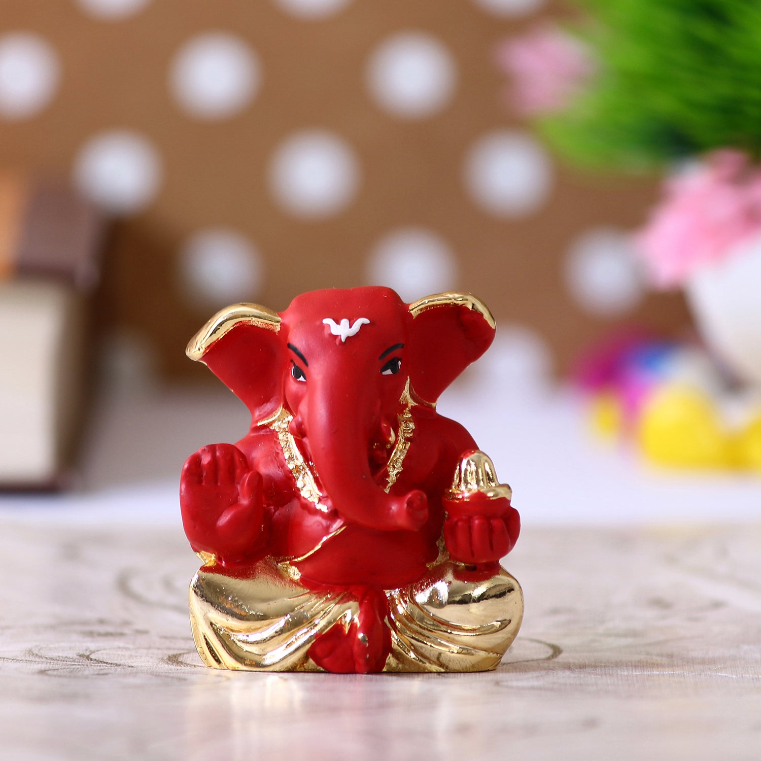 Gold Plated Red Polyresin Appu Ganesha Idol for Home, Temple, Office and Car Dashboard