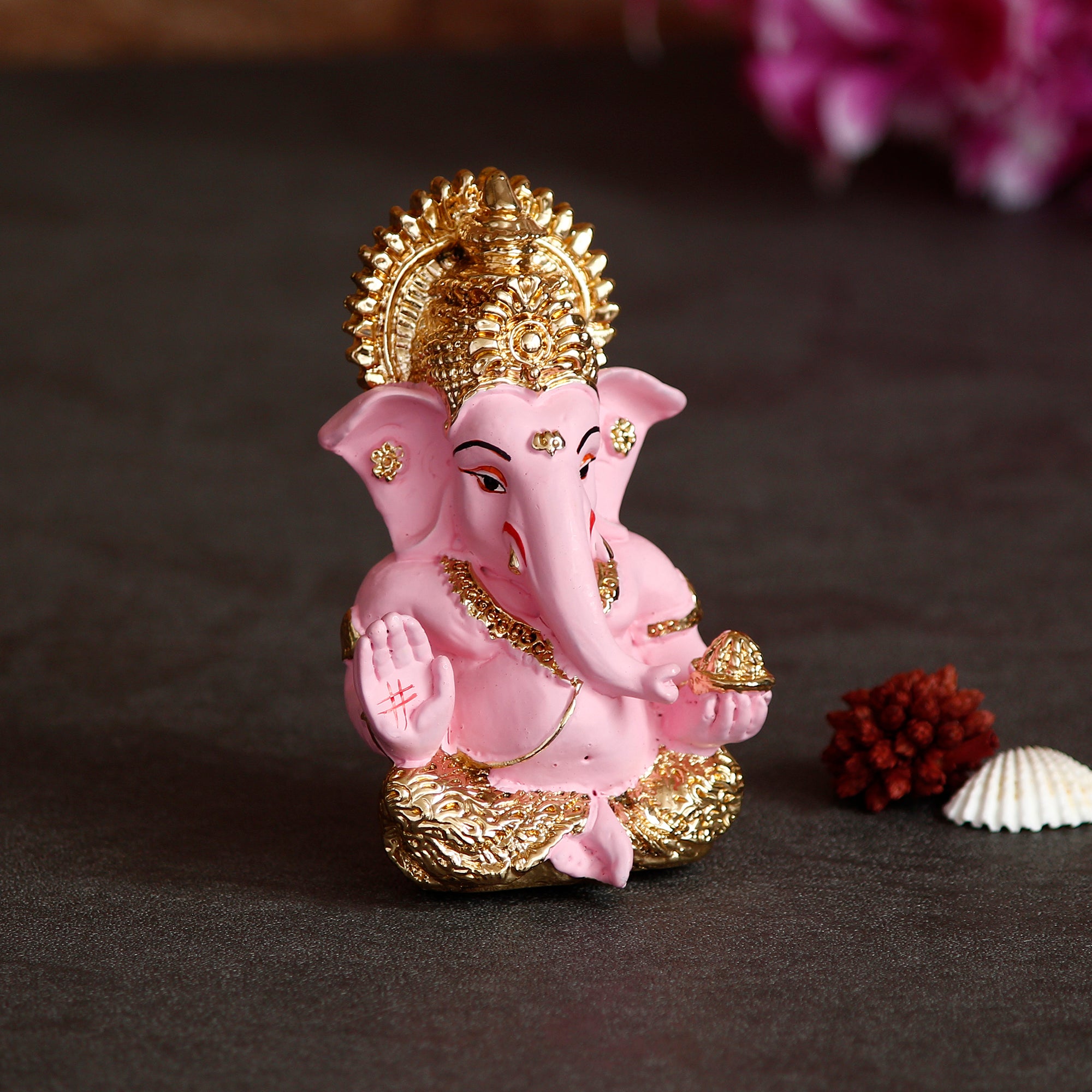Gold Plated Pink Siddhivinayak Ganesha Idol For Home/Temple/Office/Car Dashboard 1