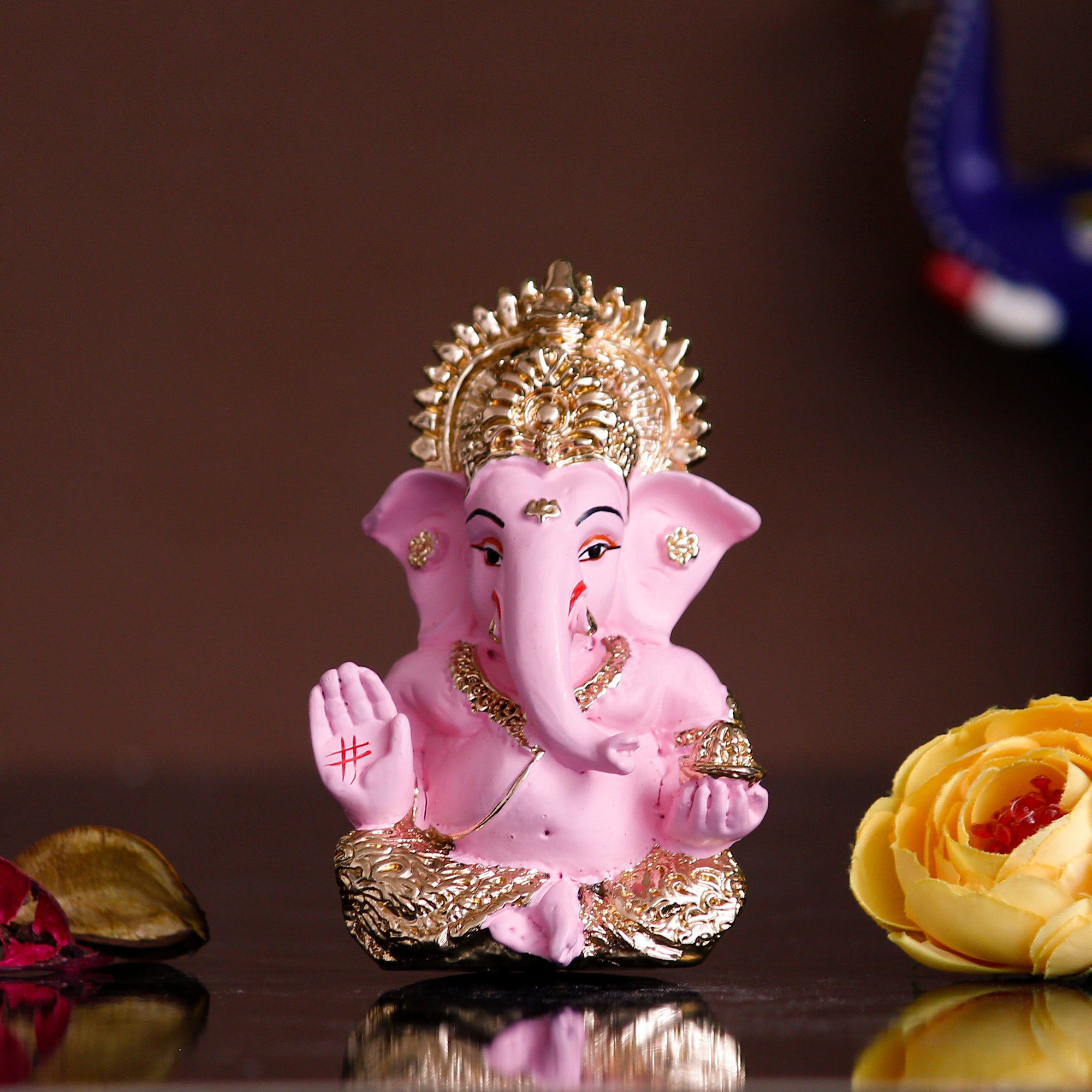 Gold Plated Pink Siddhivinayak Ganesha Idol For Home/Temple/Office/Car Dashboard 2