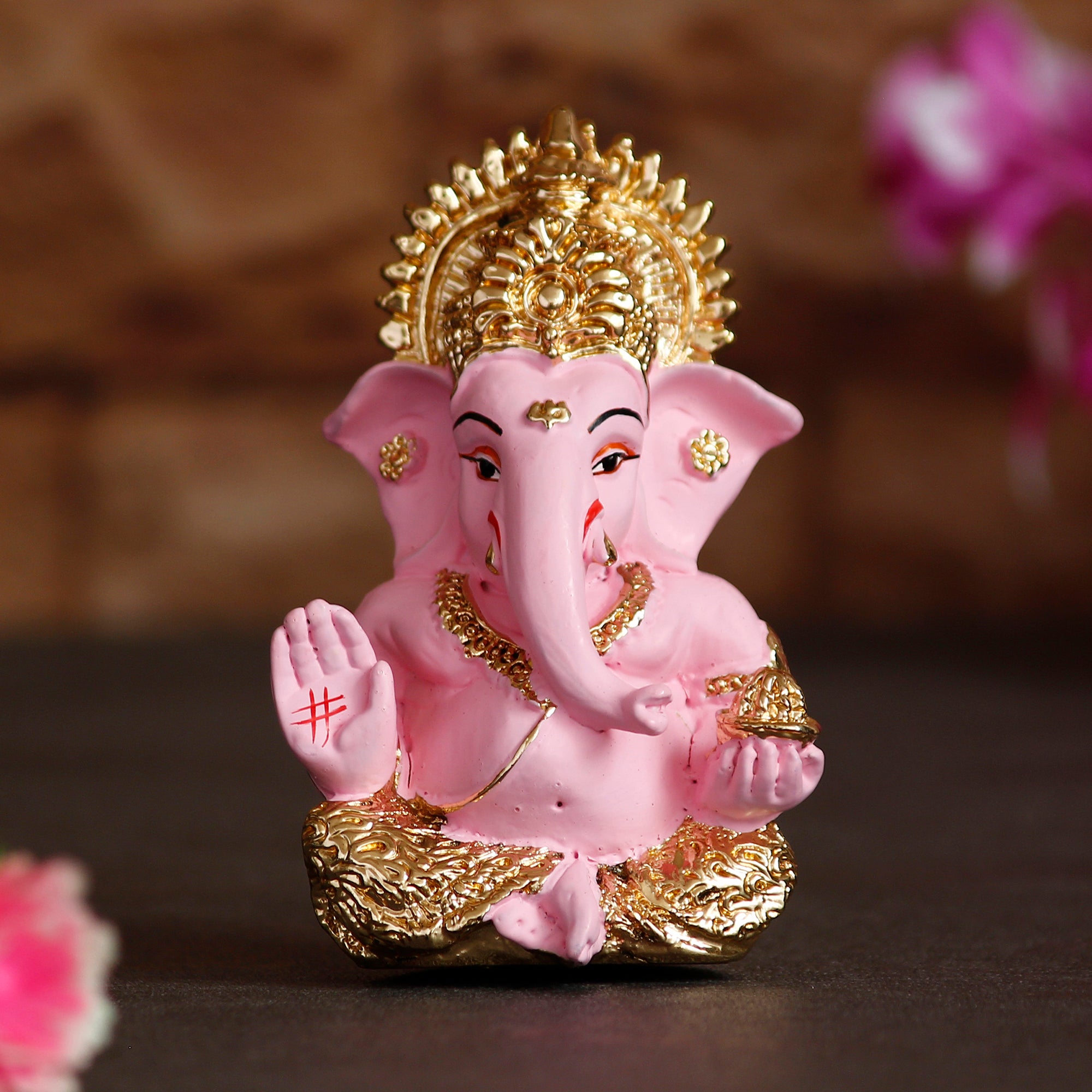 Gold Plated Pink Siddhivinayak Ganesha Idol For Home/Temple/Office/Car Dashboard