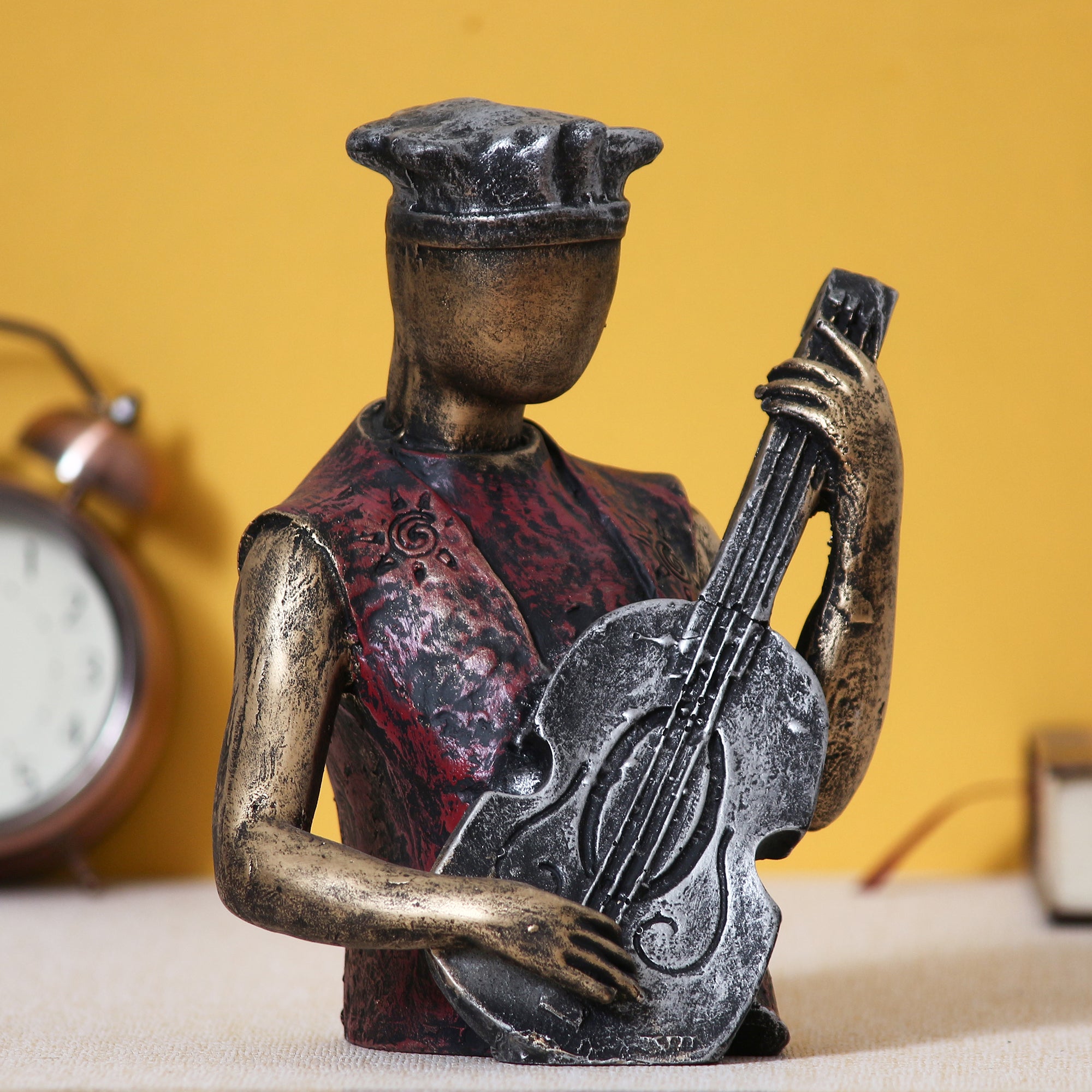 Man Figurine with Hat playing Guitar Musical Instrument (Brown, Silver and Golden)