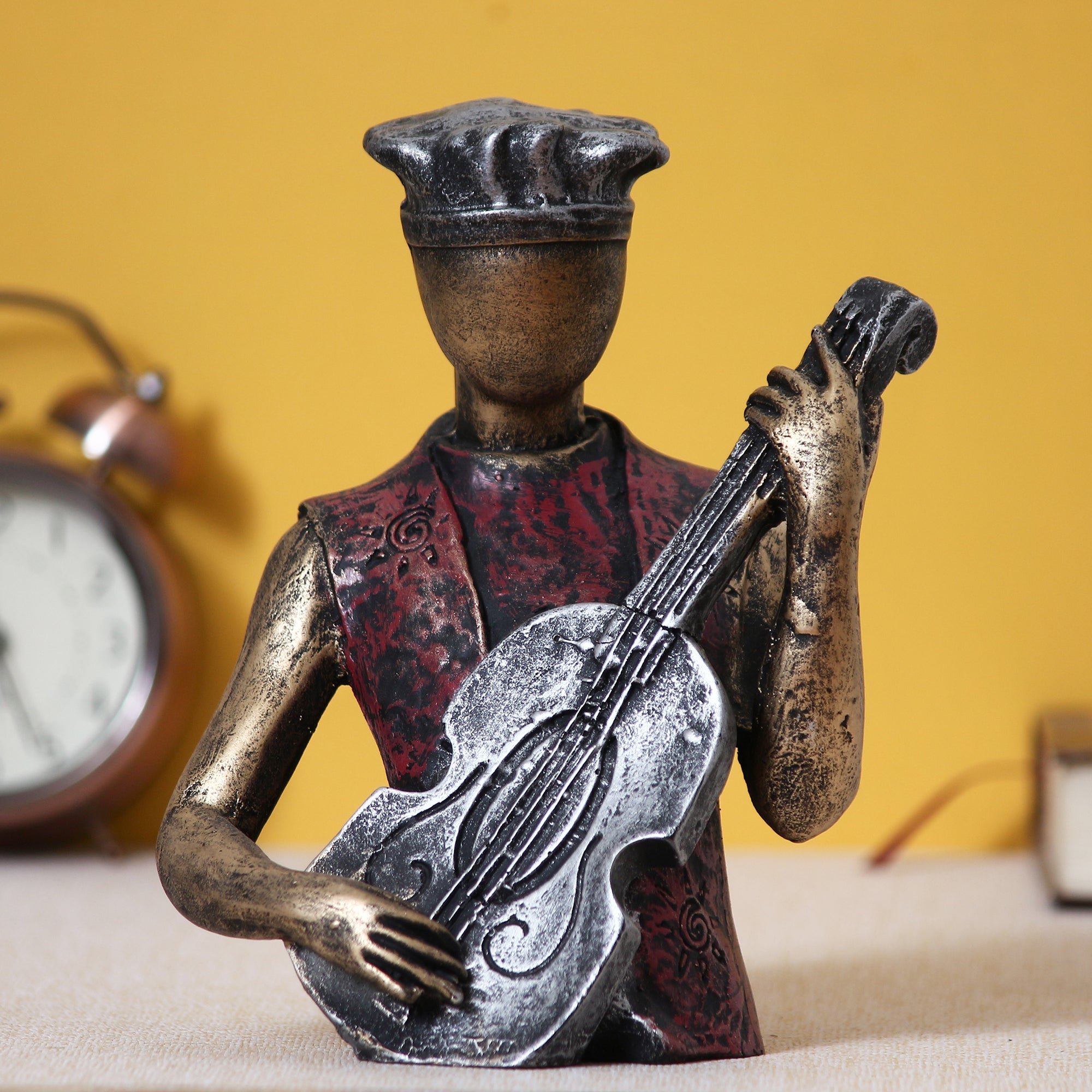 Man Figurine with Hat playing Guitar Musical Instrument (Brown, Silver and Golden) 6