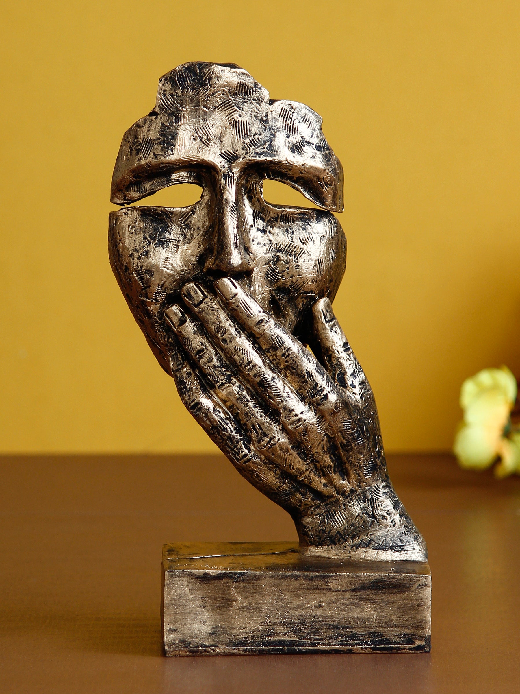 Polyresin Golden Human Face Statue Hand on Mouth Handcrafted Decorative Showpiece 1