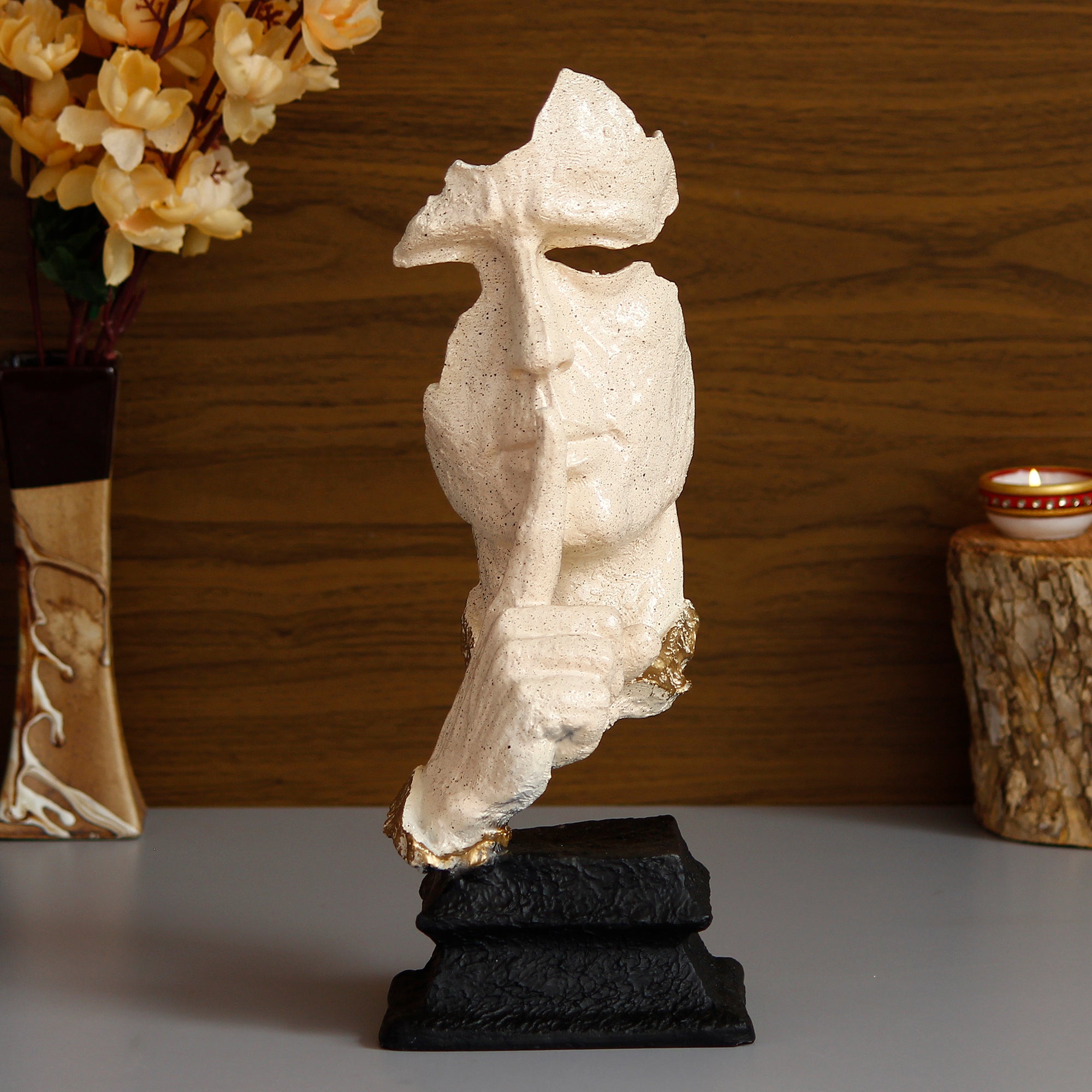 White Polyresin Antique Finish man with finger on lips Handcrafted Decorative Showpiece 1