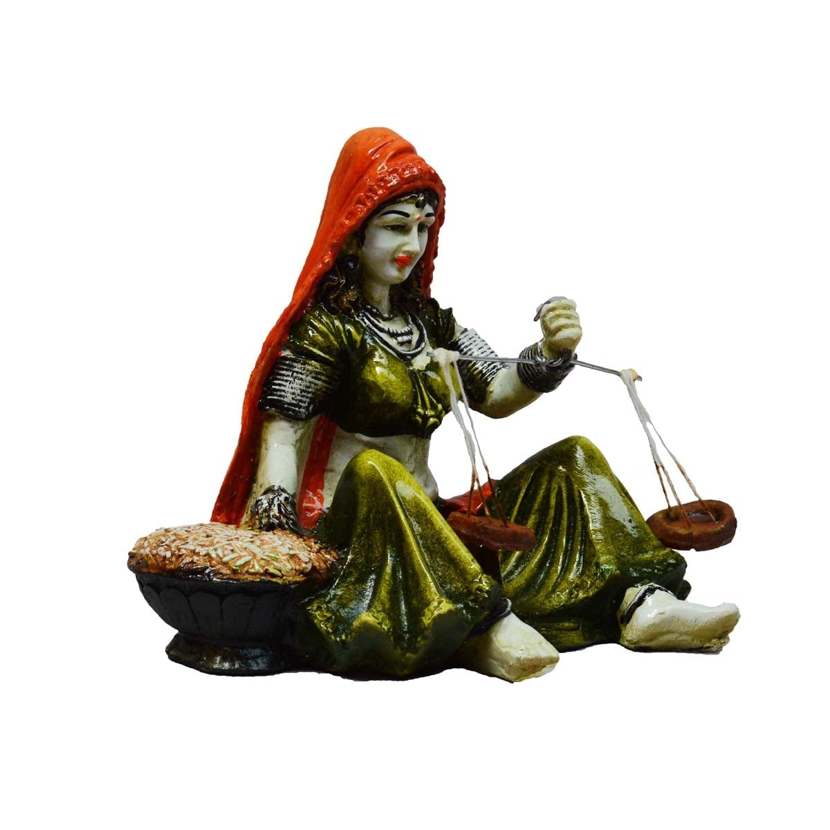Polyresin Rajasthani Lady Statue with Weighing Scale Handcrafted Decorative Showpiece(Orange and Green)