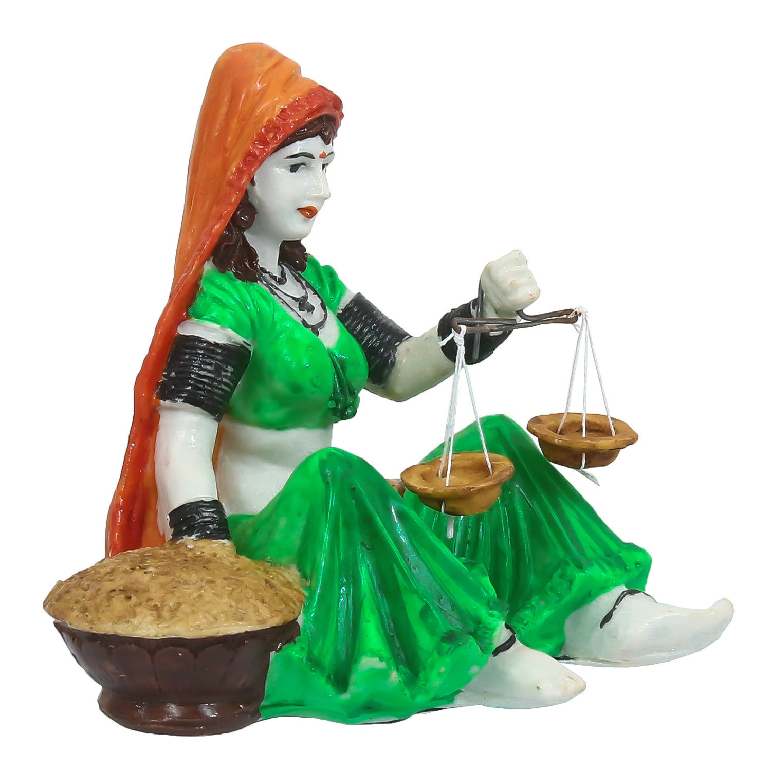 Polyresin Rajasthani Lady Statue with Weighing Scale Handcrafted Decorative Showpiece(Orange and Green) 1