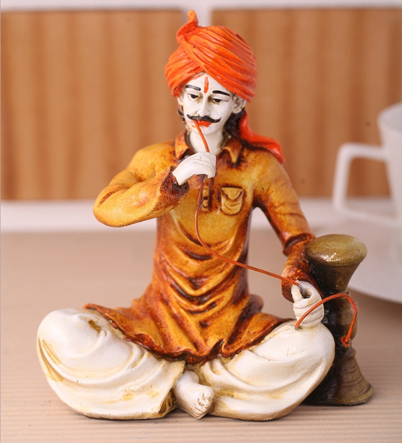 Polyresin Rajasthani Man Using Hookah Handcrafted Decorative Showpiece (Yellow, Orange and Brown)